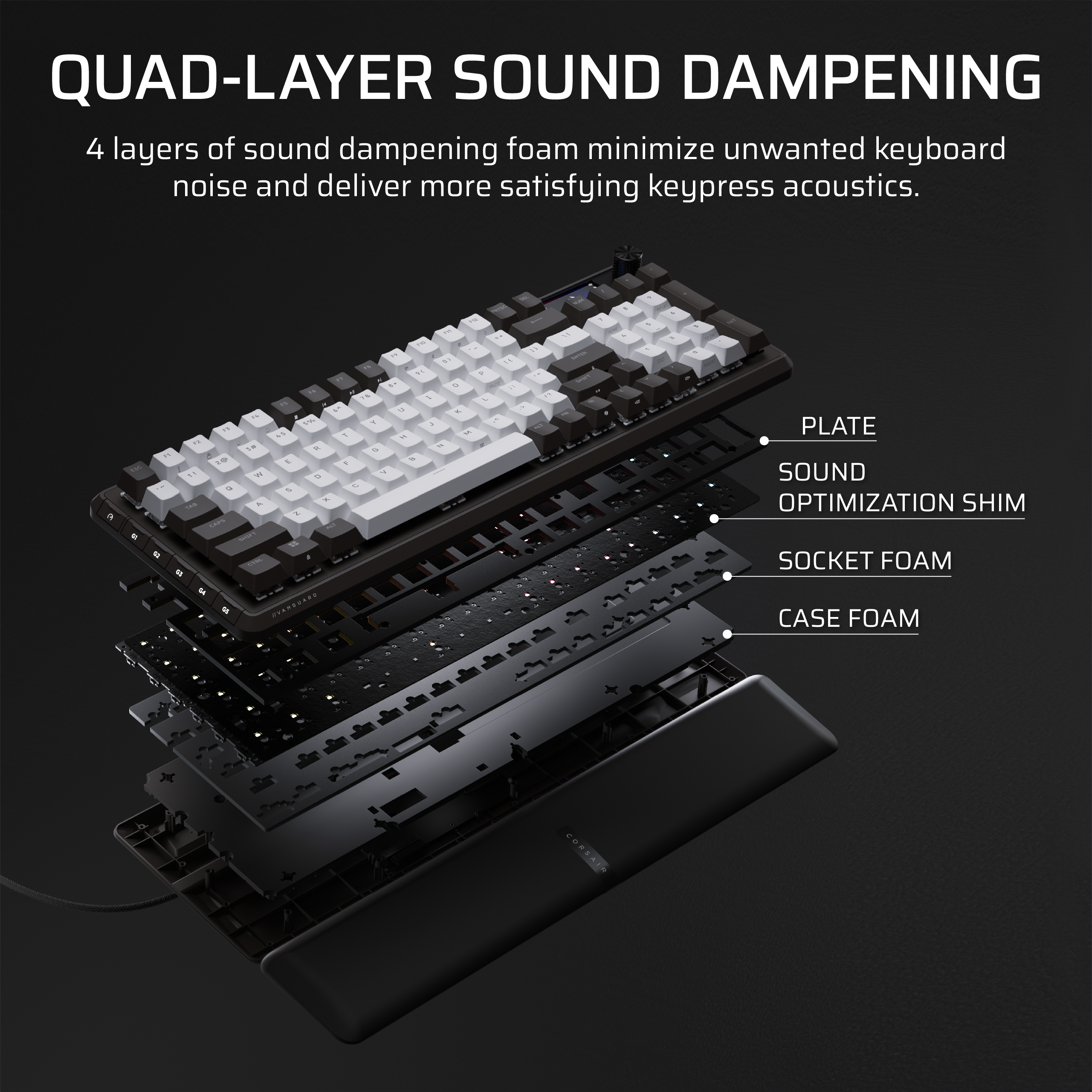 QUAD-LAYER SOUND DAMPENING

4 layers of sound dampening foam minimize unwanted keyboard noise and deliver more satisfying keypress acoustics.

- PLATE
- SOUND OPTIMIZATION SHIM
- SOCKET FOAM
- CASE FOAM