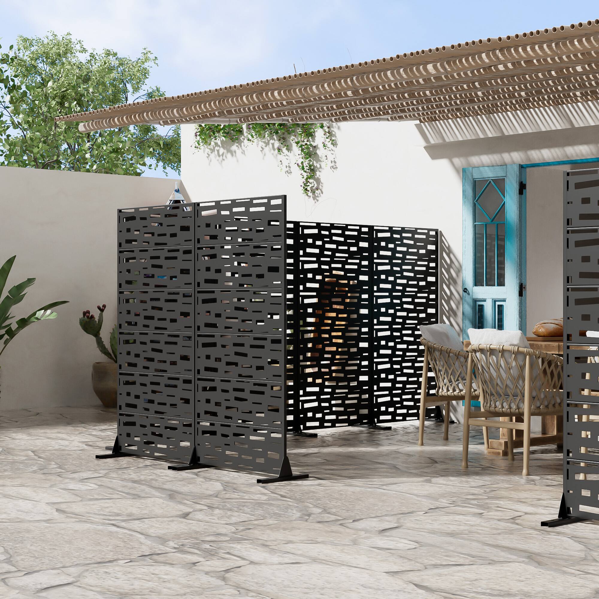 Alt View 3. PexFix - 72 in. x 35 in. Gerald Pattern Metal Outdoor Privacy Screen & Panels, Freestanding Garden Divider Fence - Black.