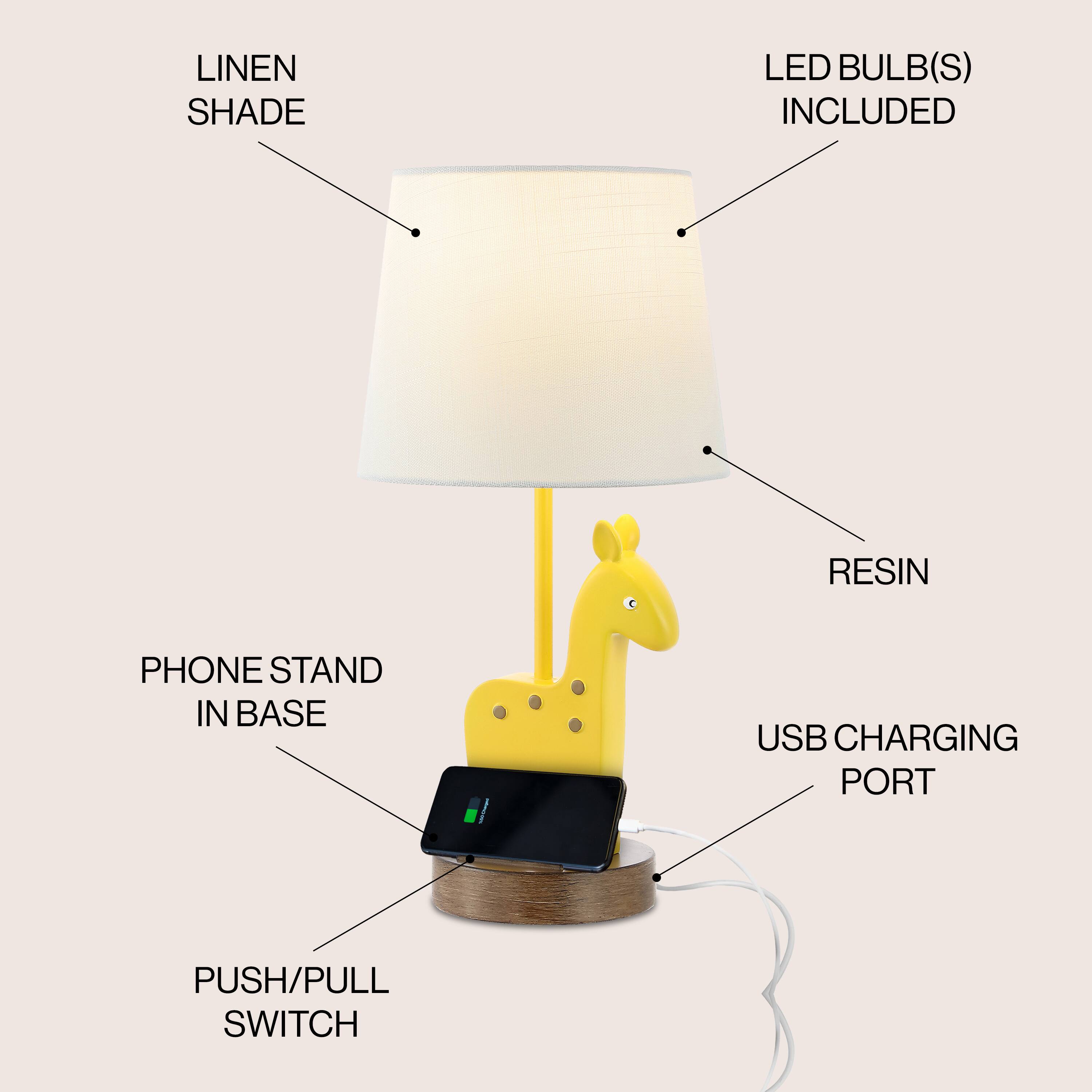 LINEN SHADE LED BULB(S) INCLUDED RESIN PHONE STAND IN BASE | USB CHARGING PORT PUSH/PULL SWITCH