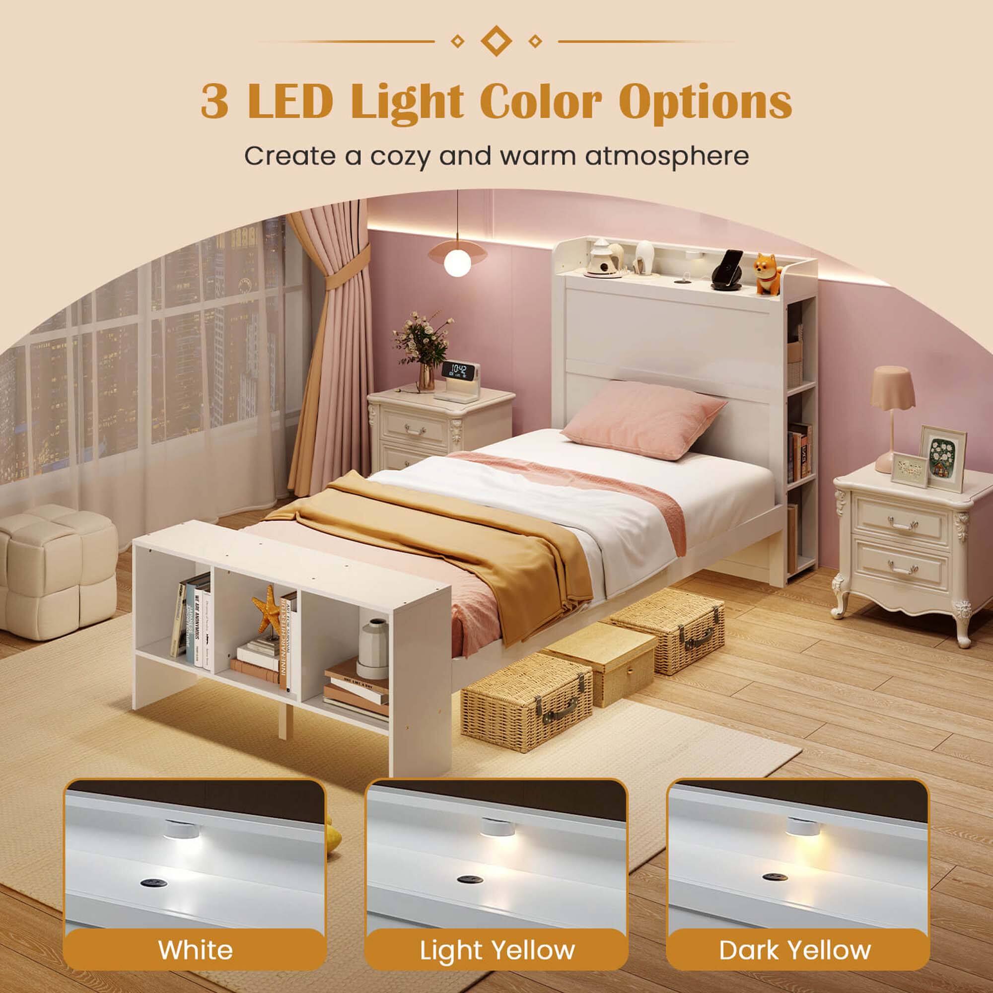 The text on the image reads: "3 LED Light Color Options Create a cozy and warm atmosphere P White Light Yellow Dark Yellow."