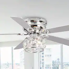 Parrot Uncle - 48" Modern 5-Blade Crystal Flush Mount Ceiling Fan with Remote - Chrome