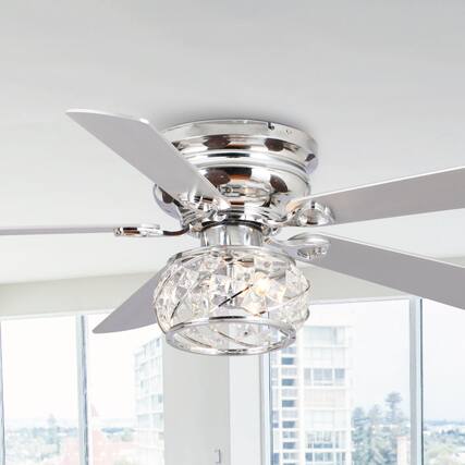 Front. Parrot Uncle - 48" Chrome Modern 5-Blade Crystal Flush Mount Ceiling Fan with Remote - Chrome.