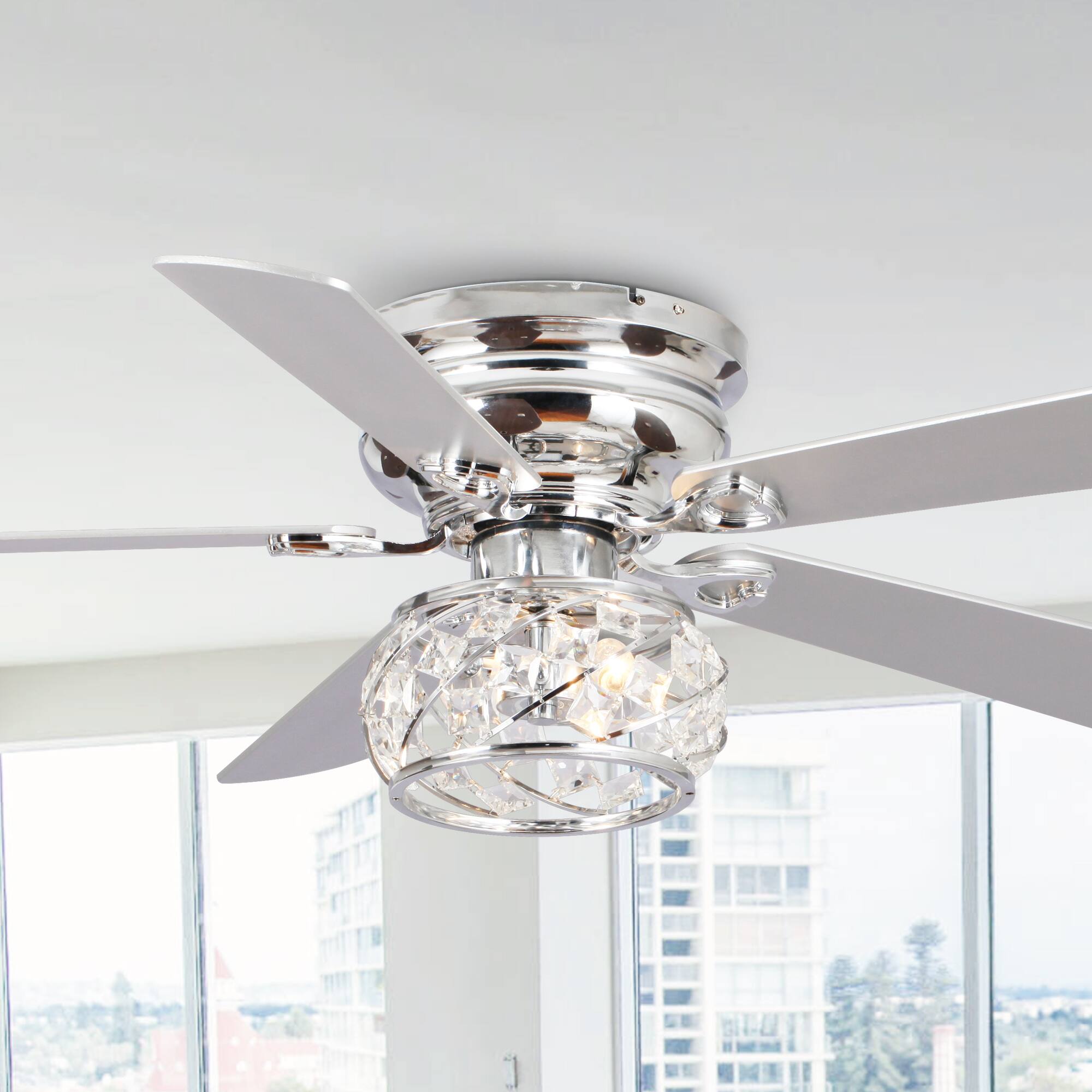 Parrot Uncle - 48" Modern 5-Blade Crystal Flush Mount Ceiling Fan with Remote - Chrome