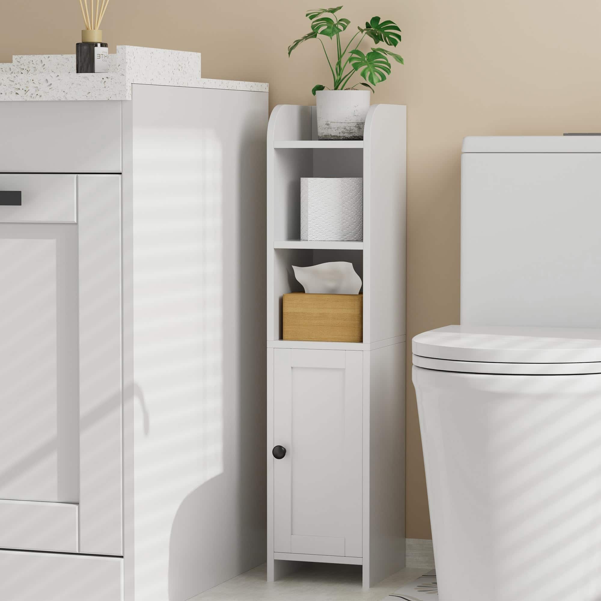 Hirose Alice - Small Storage Corner Floor Cabinet With Door And Shelves Beside The Toilet Paper Stand For Skinny Narrow D X W H - White-9.8"D x 7.9"W x 31"H