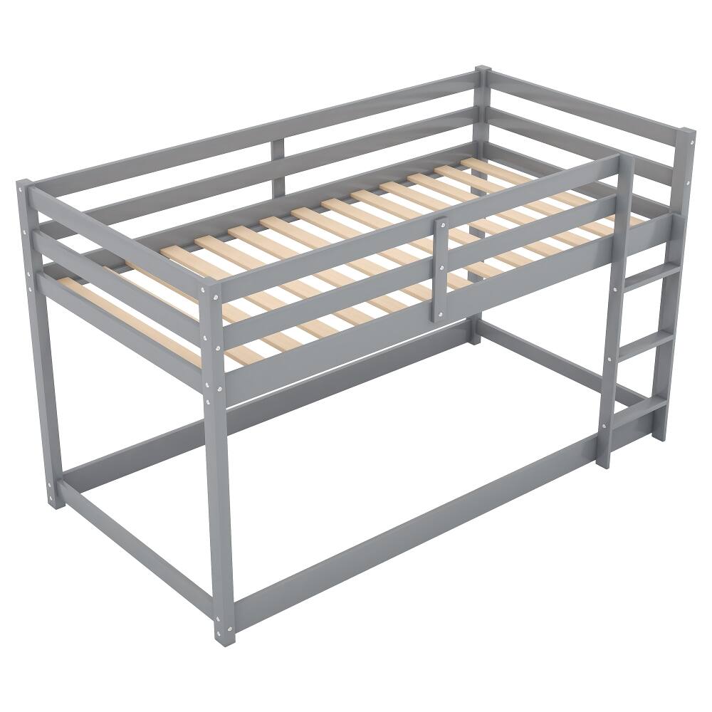 Alt View 2. Loheer - Loheer Twin Over Twin Floor Bunk Bed, Gray Solid Wood Low Bunk Bed with Ladder - Gray.