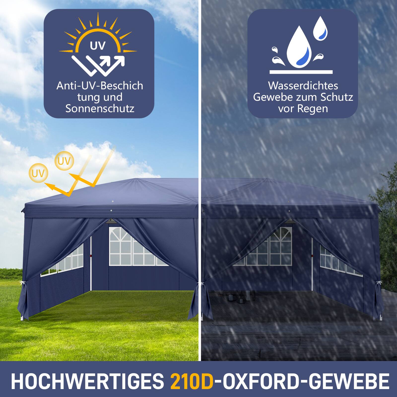 UV Anti-UV-Beschichtung und Sonnenschutz  
Wasserdichtes Gewebe zum Schutz vor Regen  
HOCHWERTIGES 210D-OXFORD-GEWEBE