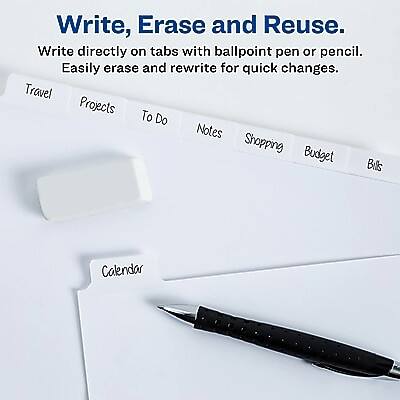 Write, Erase and Reuse.  
Write directly on tabs with ballpoint pen or pencil.  
Easily erase and rewrite for quick changes.  
Travel  
Projects  
To Do  
Notes  
Shopping  
Budget  
Bills  
Calendar
