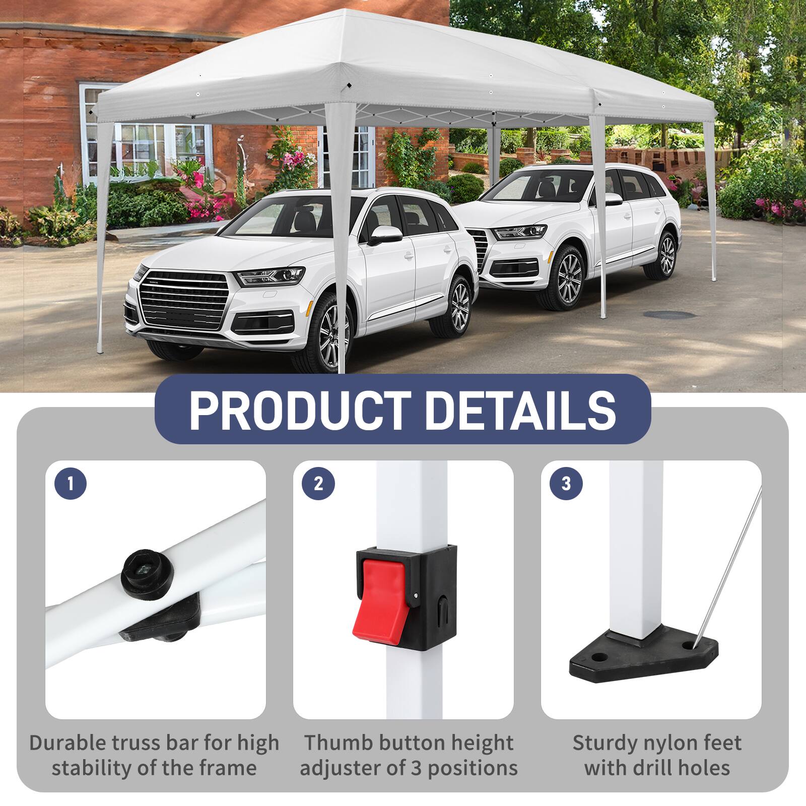 PRODUCT DETAILS

1. Durable truss bar for high stability of the frame
2. Thumb button height adjuster of 3 positions
3. Sturdy nylon feet with drill holes