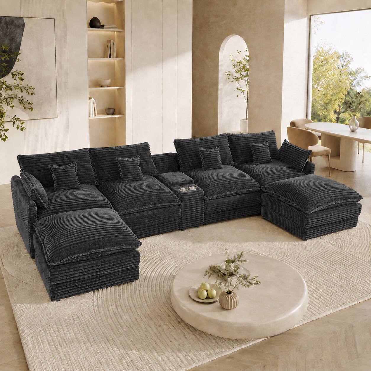 Angle. Anysun - 141" U-Shaped Sofa Set – Center Console with USB Ports & Cup Holders – Includes 4 Pillows - Light Grey.