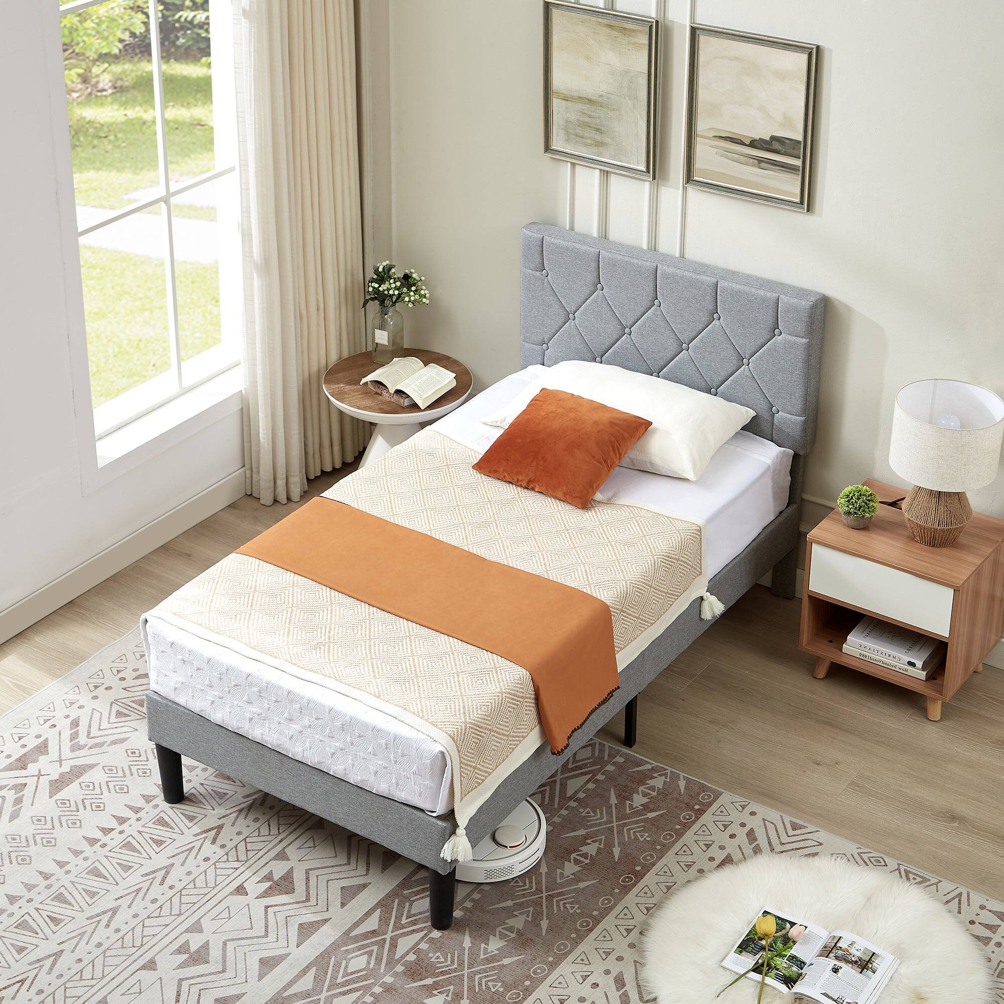 Angle. Vecelo - Twin Bed Frame with Upholstered Headboard, Heavy Duty Wooden Bed Slats - Noiseless Platform Bed, No Box Spring Required - Grey.