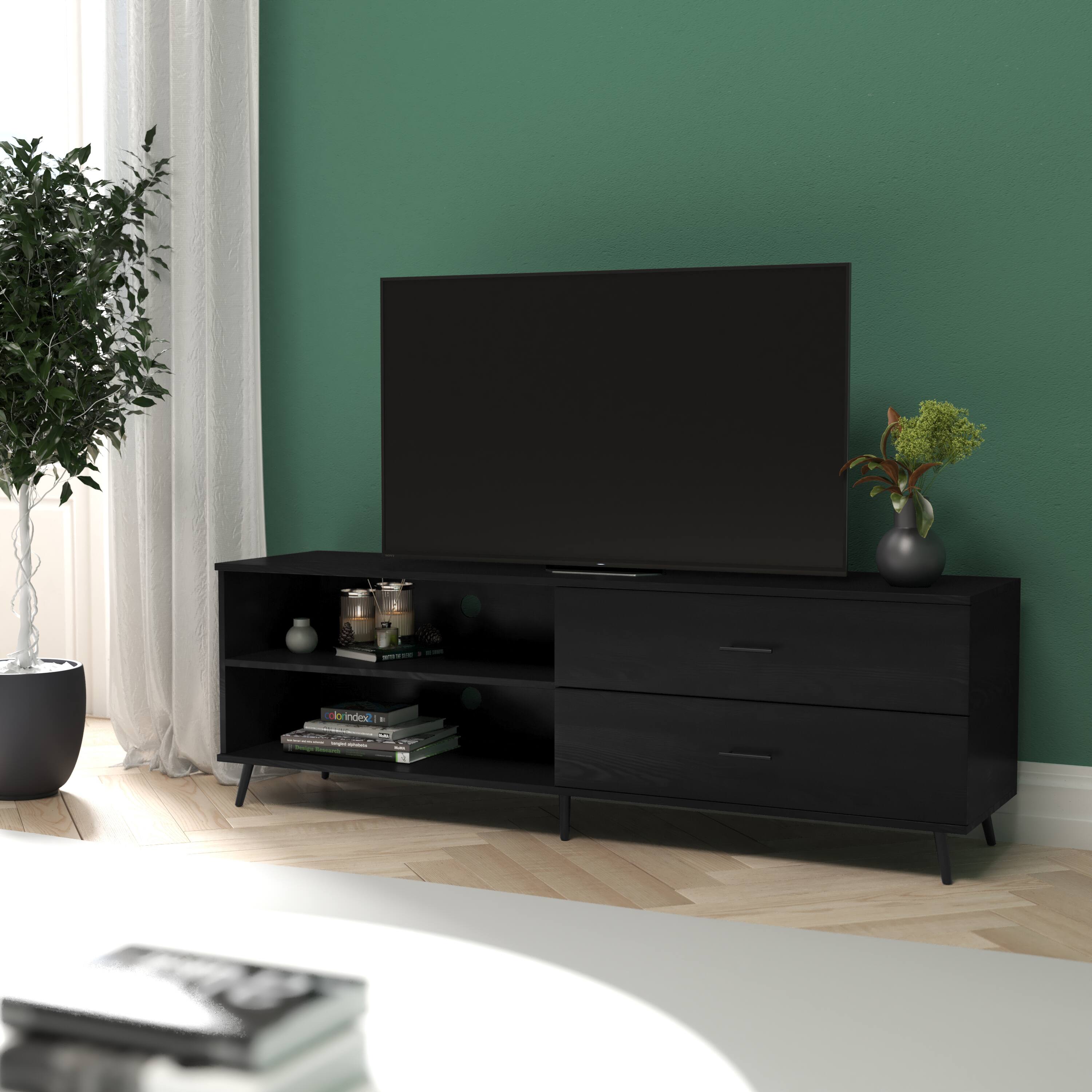 Front. Emma + Oliver - Galia Mid-Century Modern TV Stand with Drawers and Shelf - Black.