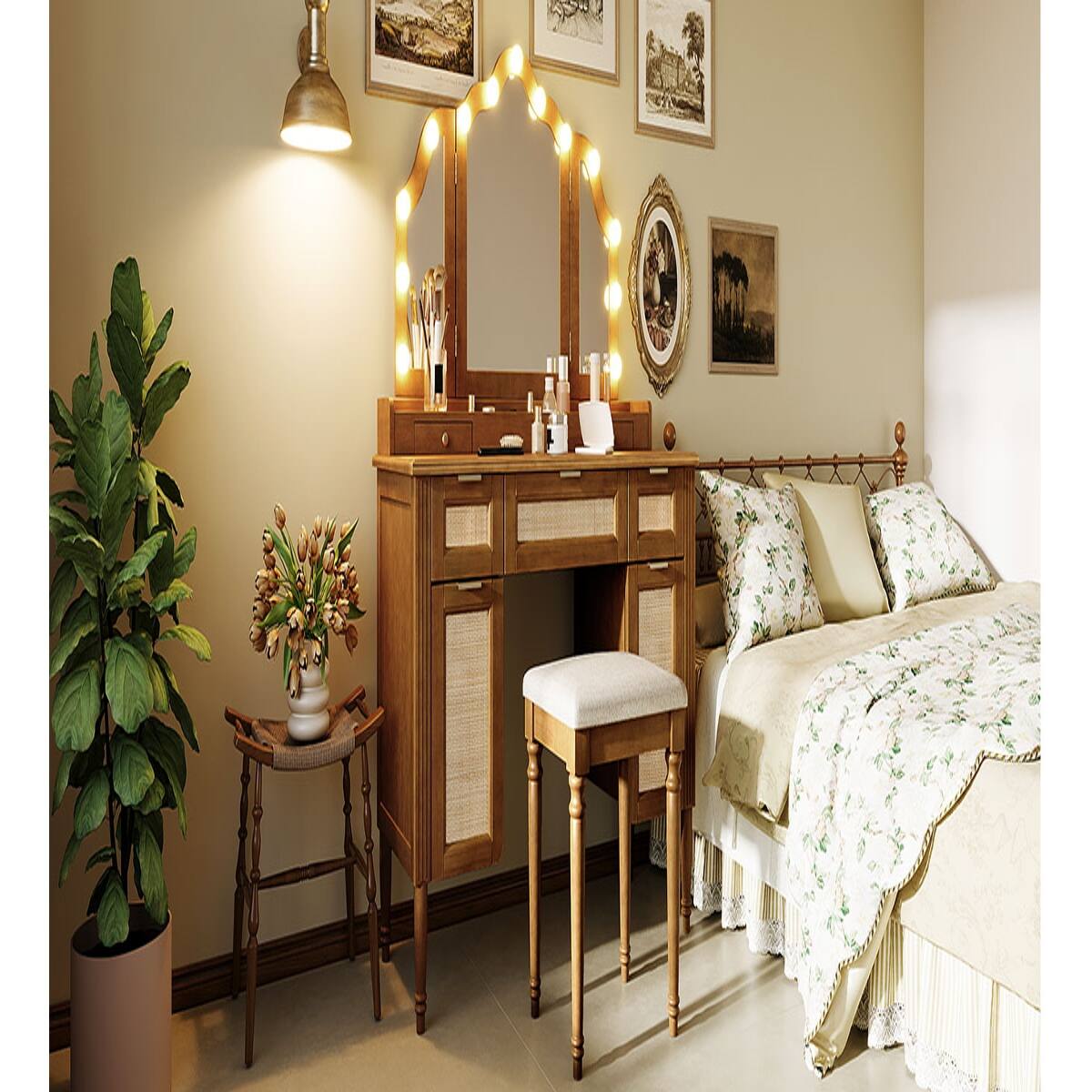 Alt View 9. Loheer - Loheer Makeup Vanity Desk with Stool, Espresso Tri-Fold Mirror and 13 Bulb Hollywood Lighting - Espresso.