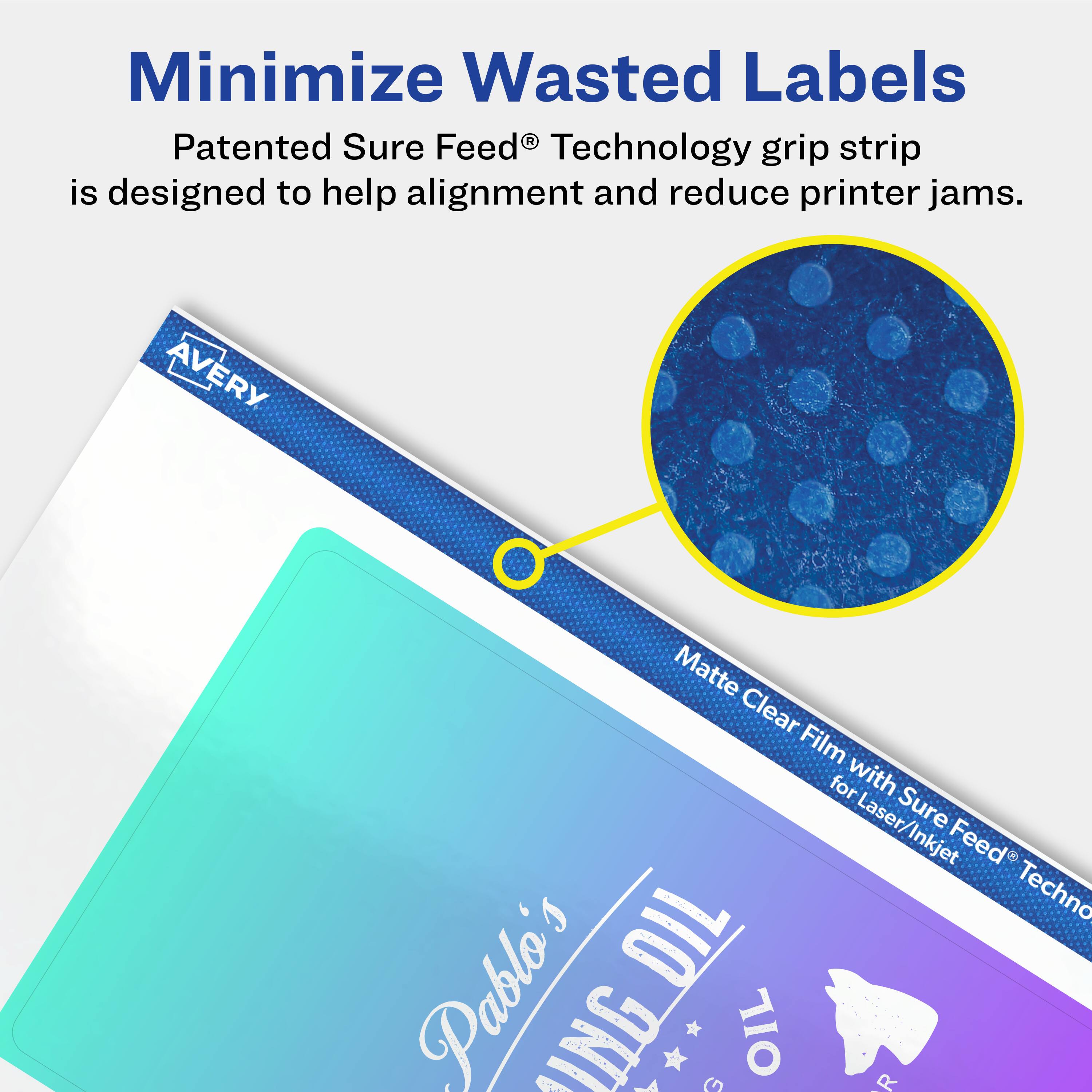 Minimize Wasted Labels

Patented Sure Feed® Technology grip strip is designed to help alignment and reduce printer jams.

Avery Matte Clear Film for Laser/Inkjet with Sure Feed® Technology