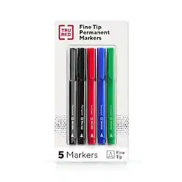 TRU RED - TRU RED™ Pen Permanent Markers, Fine Tip, Assorted, 5/Pack (TR54527)