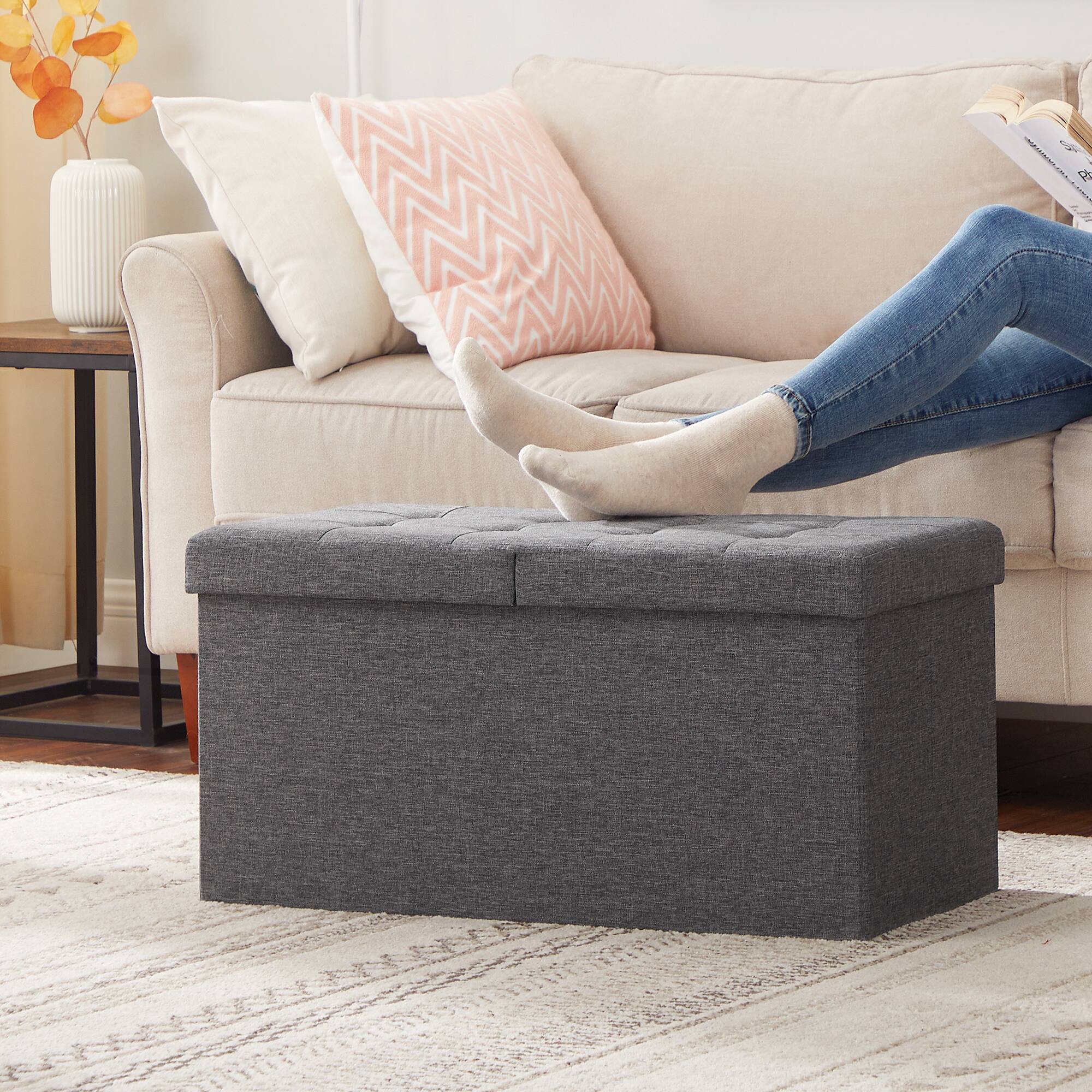 Back. Songmics Home - 21.1-Gal Storage Ottoman Bench, Folding Storage Chest, Footstool with Flip-Up Lid, Padded Seat,Up to 660 lb - Dark Gray.