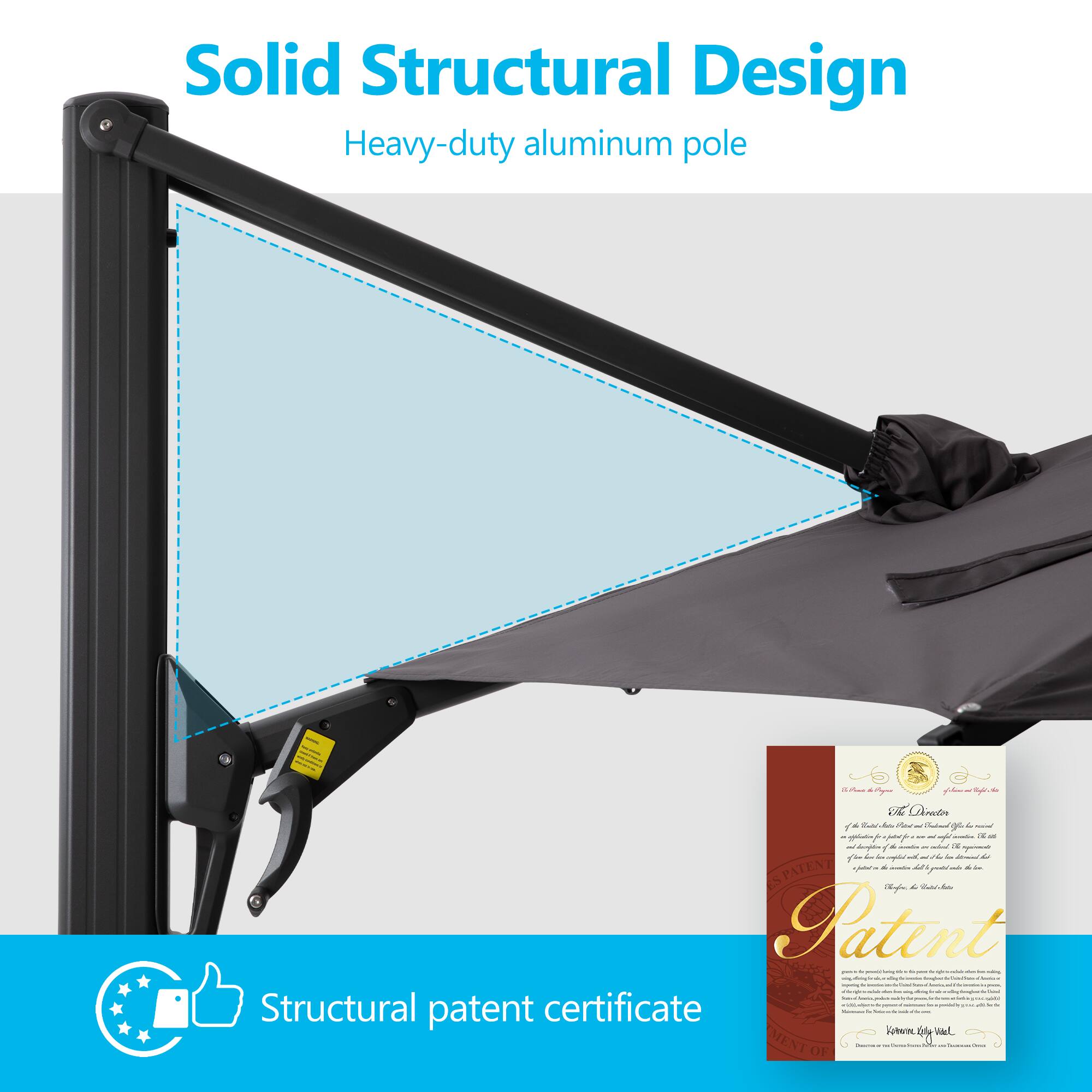 Solid Structural Design  
Heavy-duty aluminum pole  

Structural patent certificate