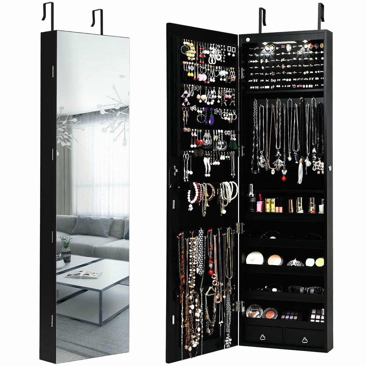 Ecooso - Wall and Door Mounted Mirrored Jewelry Cabinet with Built-In LED Lights and Storage