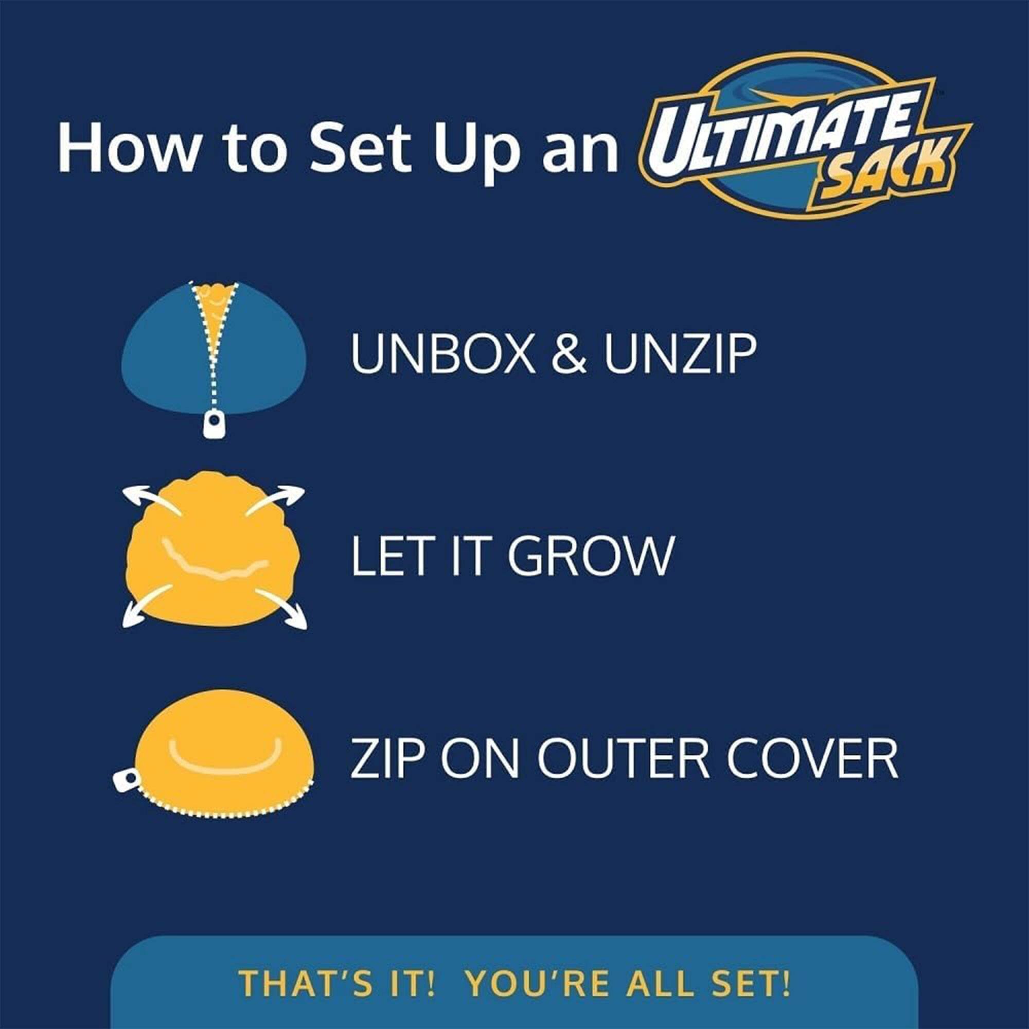 How to Set Up an ULTIMATE SACK

1. UNBOX & UNZIP
2. LET IT GROW
3. ZIP ON OUTER COVER

THAT'S IT! YOU'RE ALL SET!