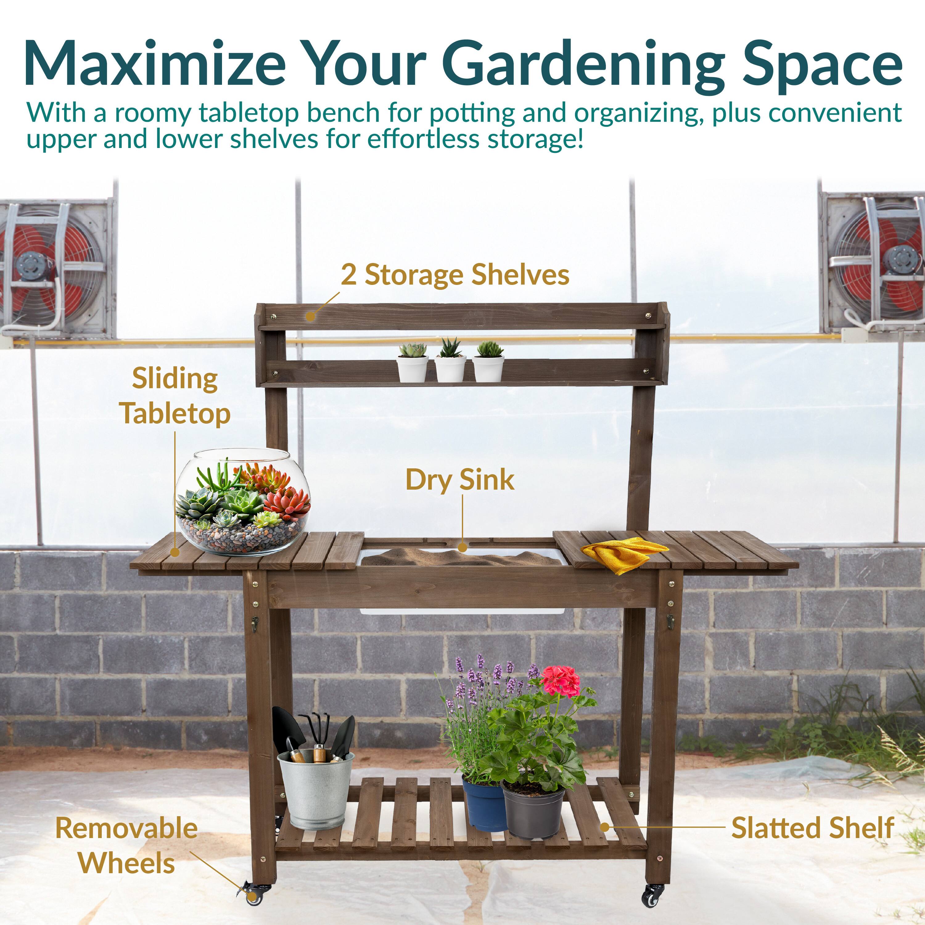Maximize Your Gardening Space

With a roomy tabletop bench for potting and organizing, plus convenient upper and lower shelves for effortless storage!

- 2 Storage Shelves
- Sliding Tabletop
- Dry Sink
- Removable Wheels
- Slatted Shelf