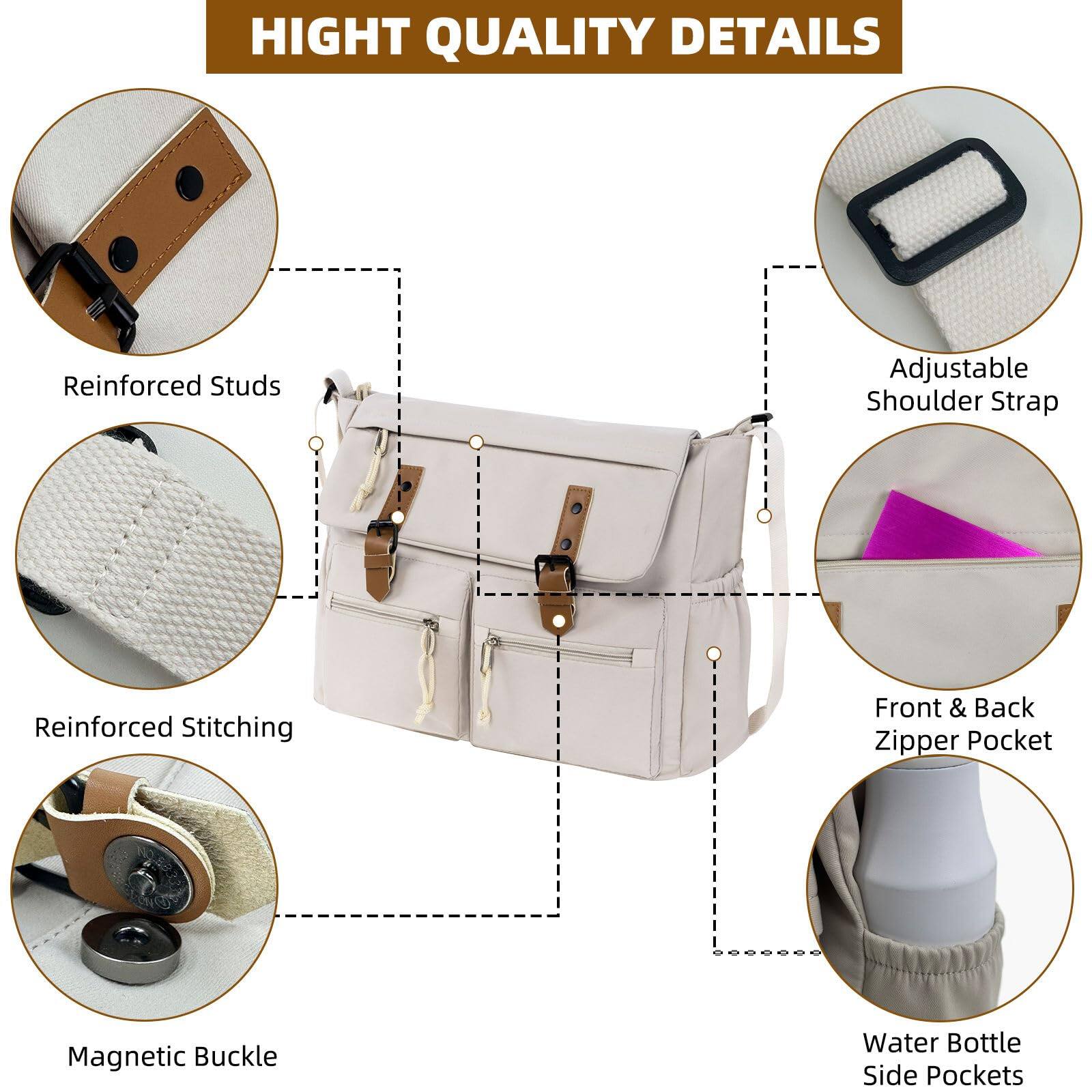 HIGH QUALITY DETAILS

- Reinforced Studs
- Adjustable Shoulder Strap
- Reinforced Stitching
- Front & Back Zipper Pocket
- Magnetic Buckle
- Water Bottle Side Pockets