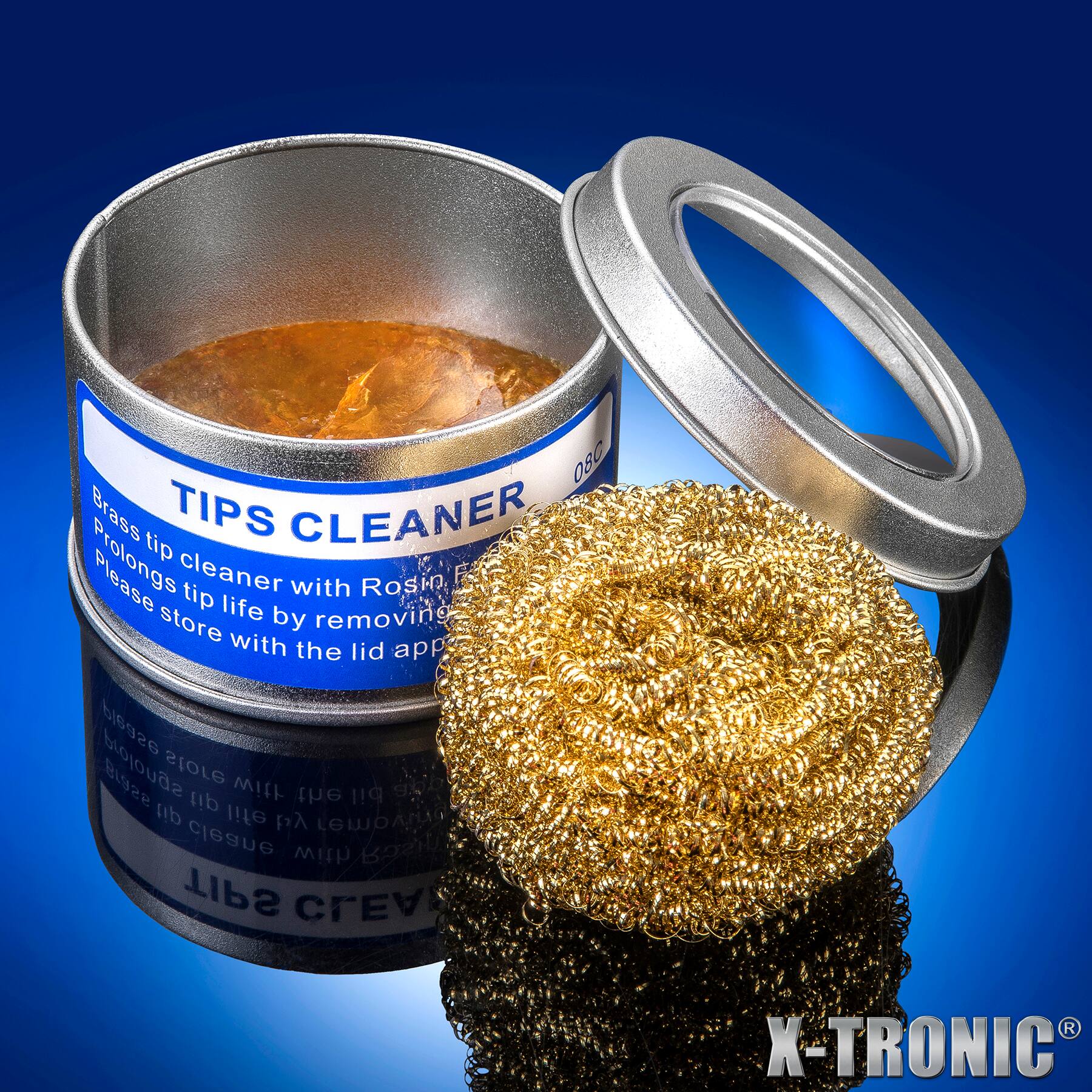 080 Brass TIPS CLEANER  
Tip cleaner with Rosin  
Please store with the lid on  
868  
store with the lid on  
removing with Rosin  
TIPS CLEA  
X-TRONIC