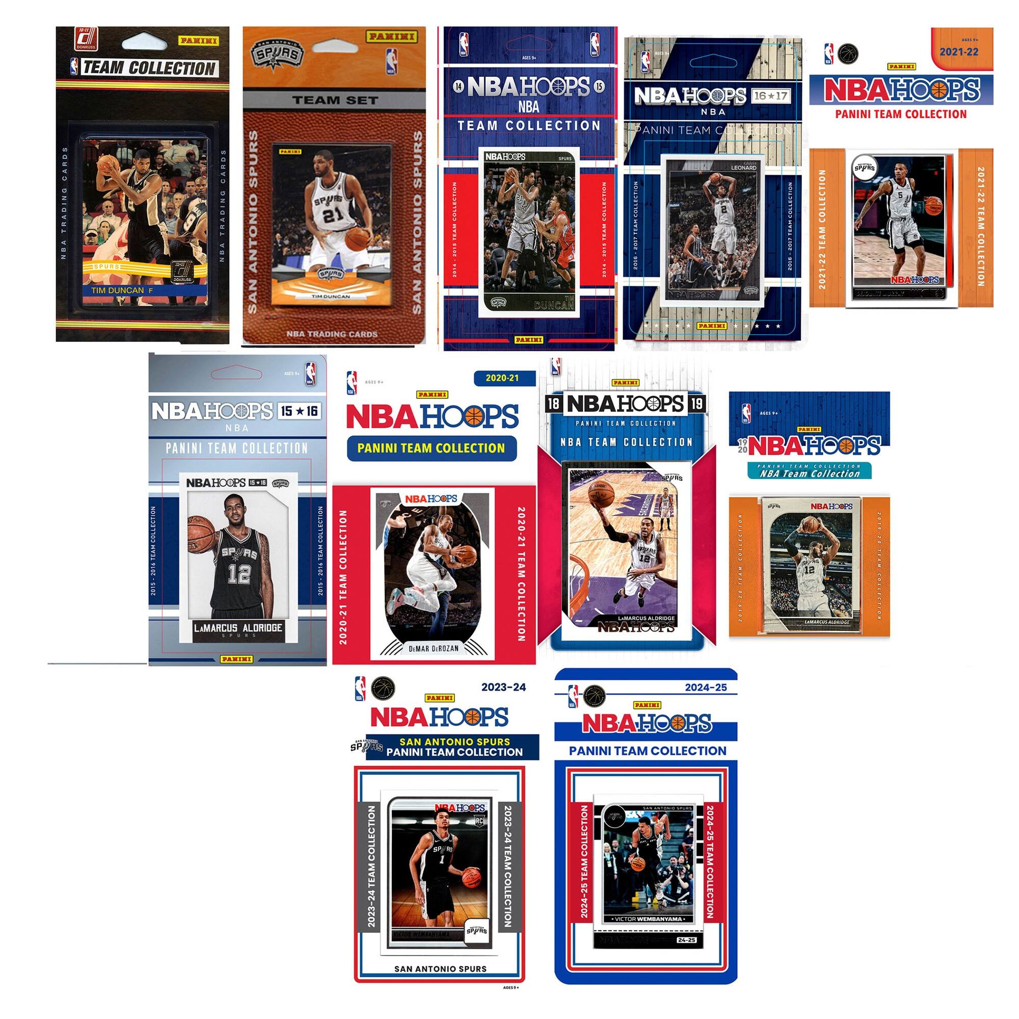 Sure, here is the corrected and grouped text from the image:

---

**Panini Team Collection**

- **San Antonio Spurs**
  - Tim Duncan
  - LaMarcus Aldridge

- **NBA Hoops**
  - 2021-22
  - 2022-23
  - 2023-24
  - 2024-25

- **NBA Hoops**
  - 15 x 16
  - 16 x 17

- **Panini Team Collection**
  - 2021-22
  - 2022-23
  - 2023-24
  - 2024-25

- **NBA Hoops**
  - 2020-21
  - 2021-22
  - 2022-23
  - 2023-24
  - 2024-25

- **Panini Team Collection**
  - 2020-21
  - 2021-22
  - 2022-23
  - 2023-24
  - 2024-25

- **NBA Hoops**
  - 2020-21
  - 2021-22
  - 2022-23
  - 2023-24
  - 2024-25

- **Panini Team Collection**
  - 2020-21
  - 2021-22
  - 2022-23
  - 2023-24
  - 2024-25

- **NBA Hoops**
  - 2020-21
  - 2021-22
  - 2022-23
  - 2023-24
  - 2024-25

- **Panini Team Collection**
  - 2020-21
  - 2021-22
  - 202