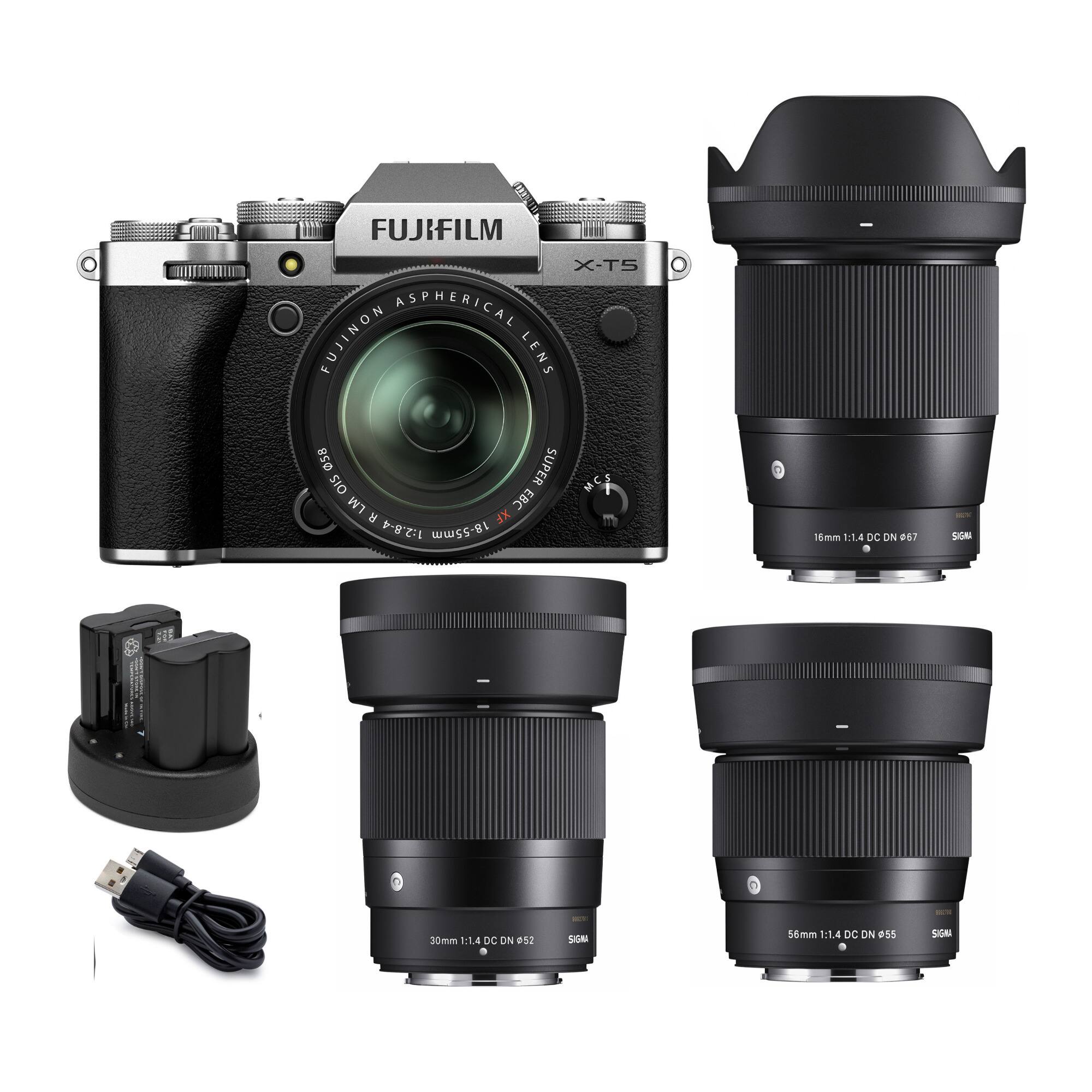 FUJIFILM X-T5 ASPHERICAL FUJINON LENS 850 SUPER SIO LM EBC H XF 1:2.8-4 18-55mm 2 6mm 114 DC ON 267 SGRI 30mm 1:1.4 DC DN 052 ! Nom 56mm :1.4 DC DN 055 SIGMA