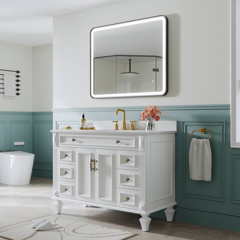 Angle. WELLFOR - 40 in. W x 32 in. H Anti-Fog LED Bathroom Mirror, Wall Bathroom Vanity Mirror with Framed Round Corner - Matte Black.