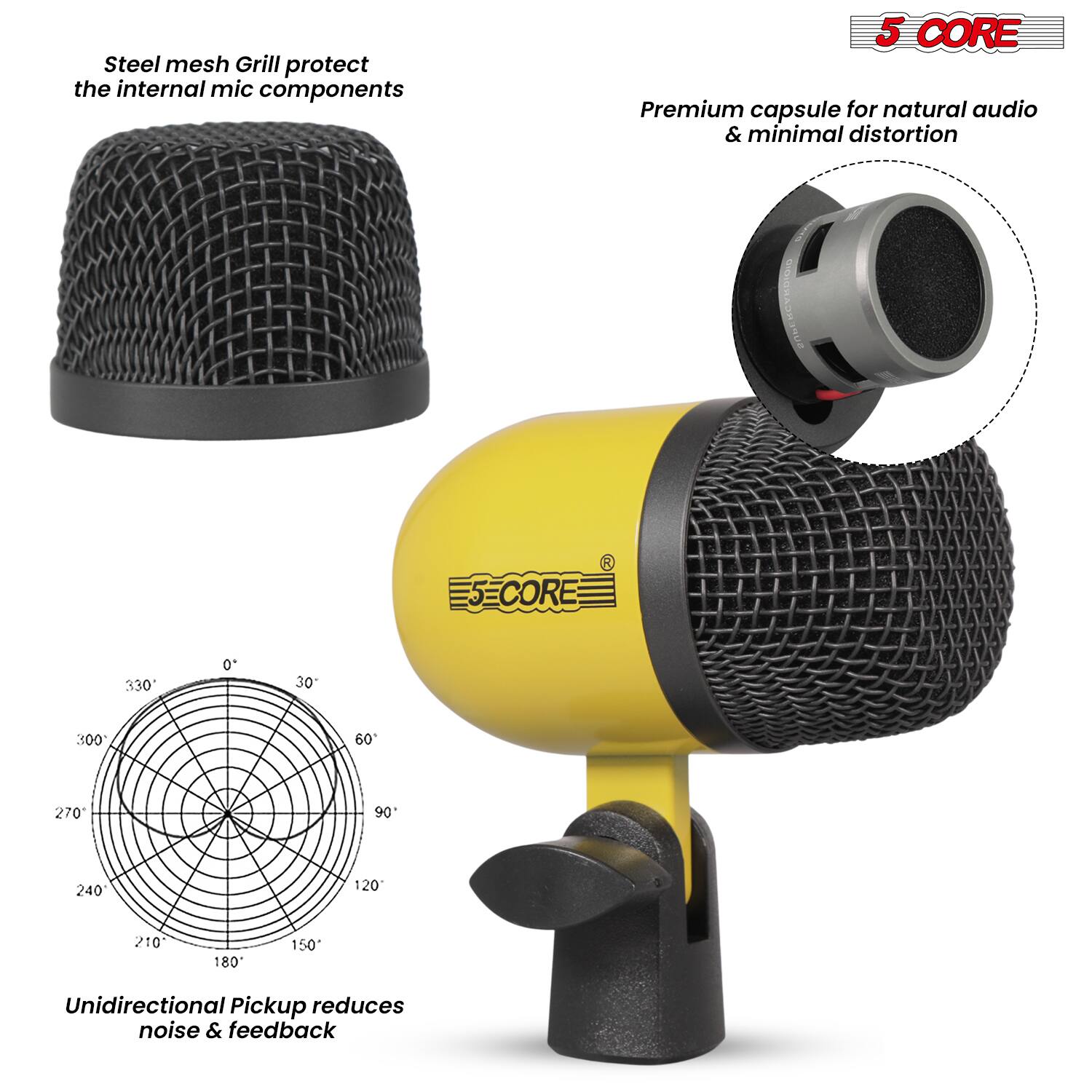 - Steel mesh Grill protect the internal mic components
- Premium capsule for natural audio & minimal distortion
- Unidirectional Pickup reduces noise & feedback