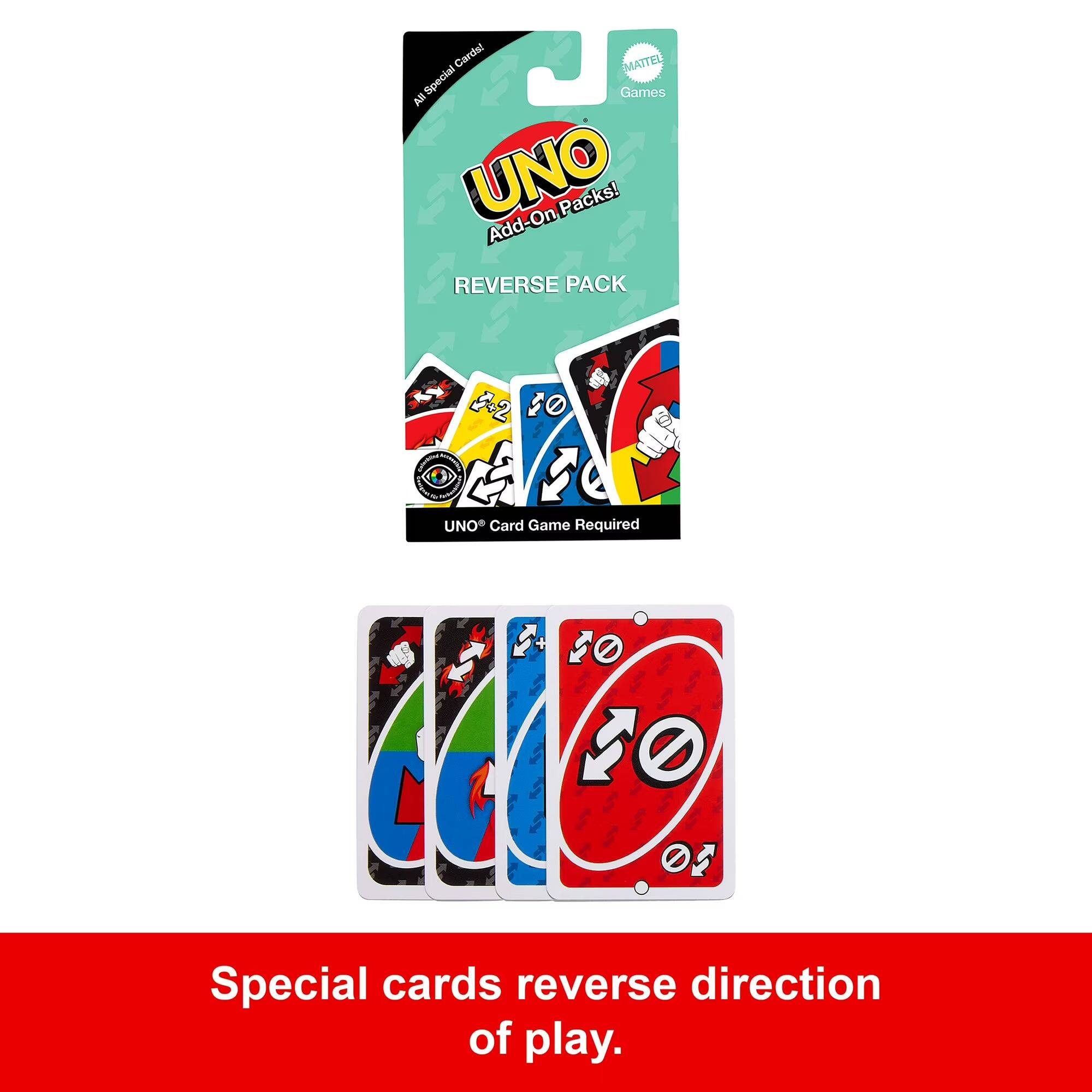 Garda! MATTEL Special Games BV + UNO Add-On Packs! REVERSE PACK 42 0 A ? UNO Card Game Required + + 20 ZO 0 Special cards reverse direction of play.