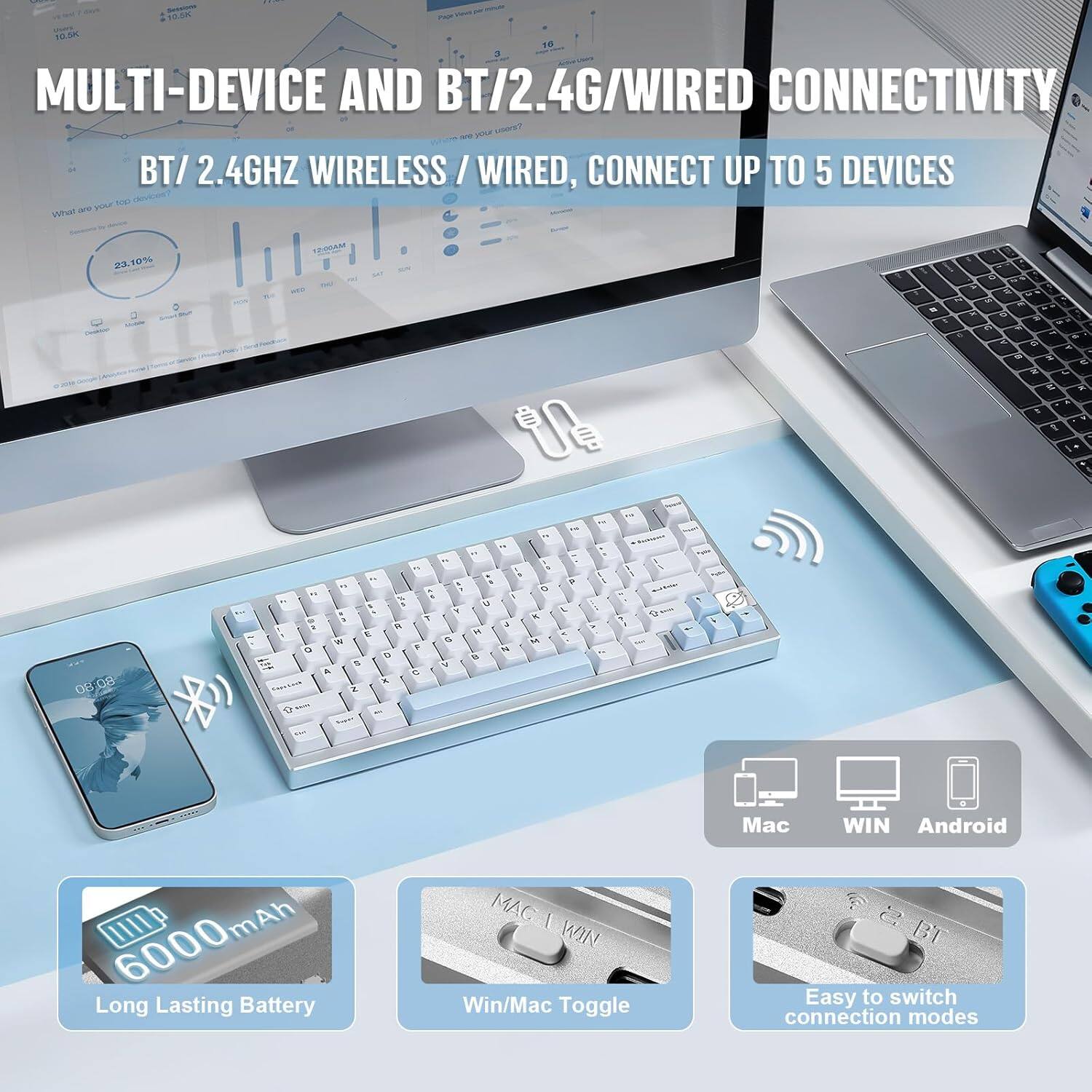1E5 - MULTI-DEVICE AND BT/2.4G/WIRED CONNECTIVITY

- BT/2.4GHZ WIRELESS / WIRED, CONNECT UP TO 5 DEVICES
- 6000mAh Long Lasting Battery
- Win/Mac Toggle
- Easy to switch connection modes

Supported Devices: Mac, WIN, Android