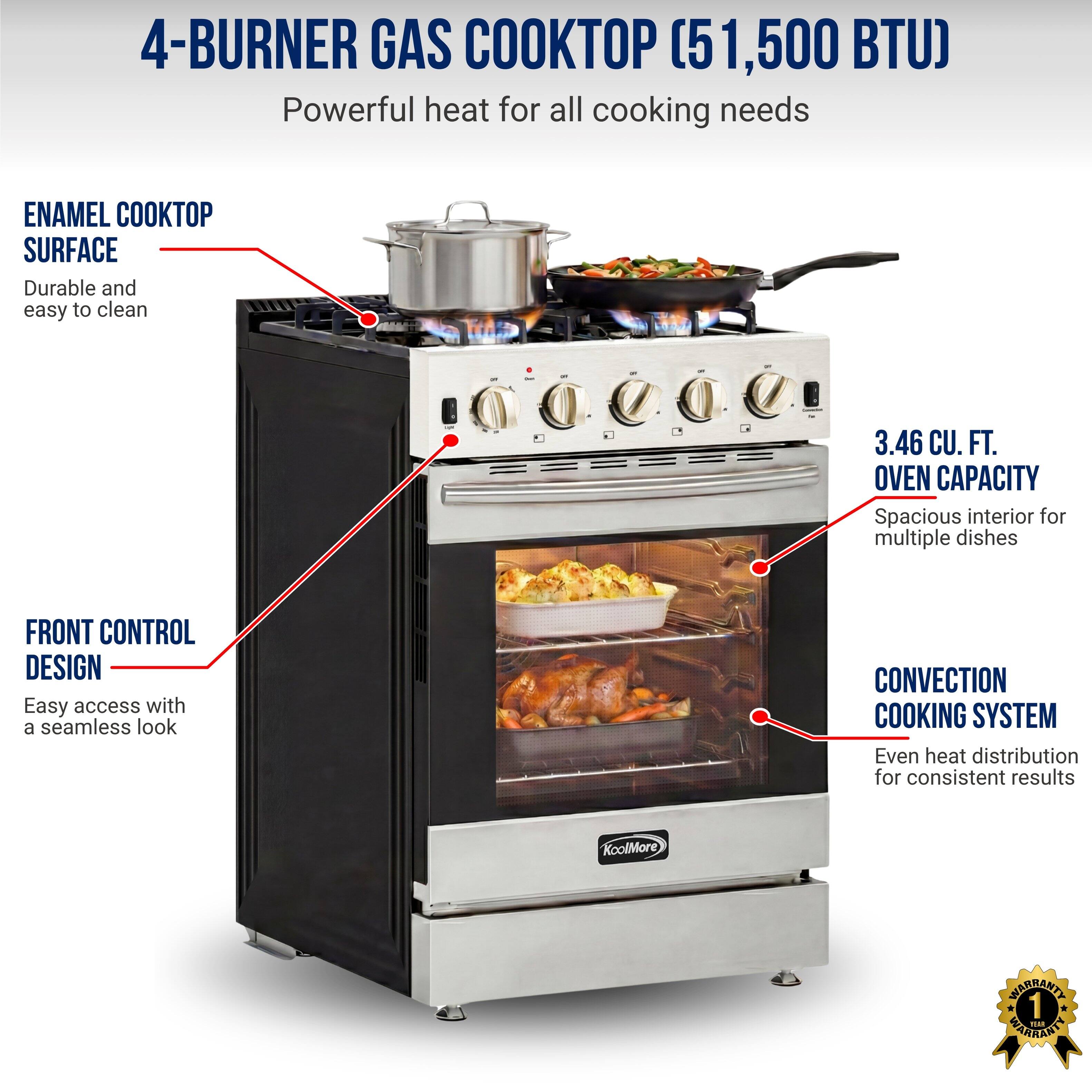 4-BURNER GAS COOKTOP (51,500 BTU)  
Powerful heat for all cooking needs  

ENAMEL COOKTOP SURFACE  
Durable and easy to clean  

3.46 CU. FT. OVEN CAPACITY  
Spacious interior for multiple dishes  

FRONT CONTROL DESIGN  
Easy access with a seamless look  

CONVECTION COOKING SYSTEM  
Even heat distribution for consistent results  

KoolMore