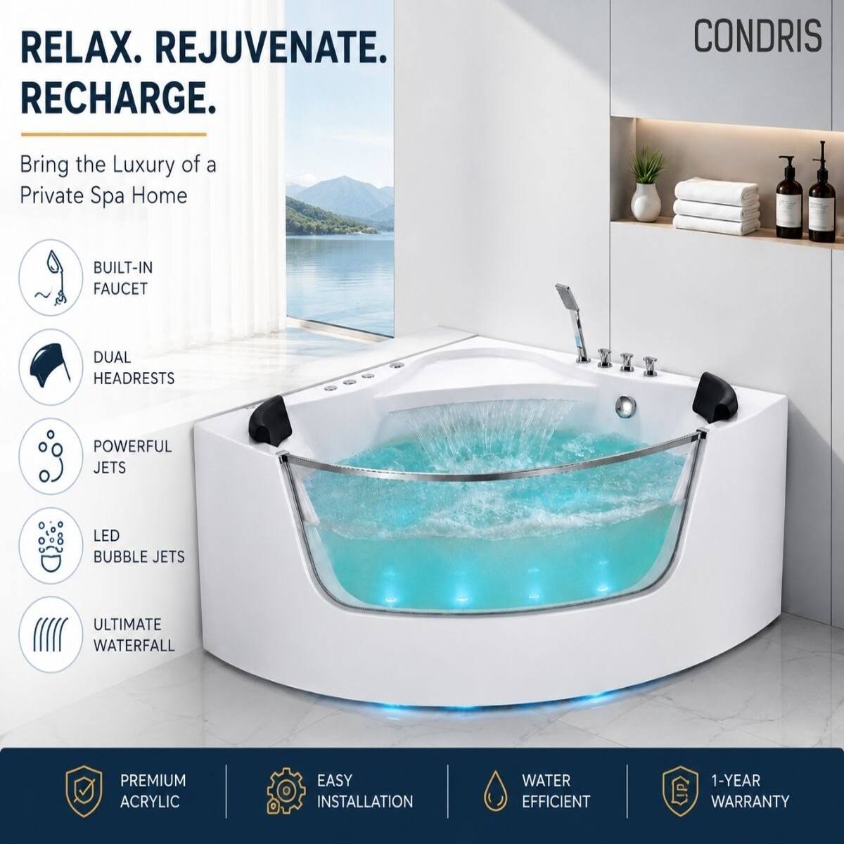 RELAX. REJUVENATE. RECHARGE.

CONDRI

Bring the Luxury of a Private Spa Home

- BUILT-IN FAUCET
- DUAL HEADRESTS
- POWERFUL JETS
- LED BUBBLE JETS
- ULTIMATE WATERFALL
- PREMIUM ACRYLIC
- EASY INSTALLATION
- WATER EFFICIENT
- 1-YEAR WARRANTY