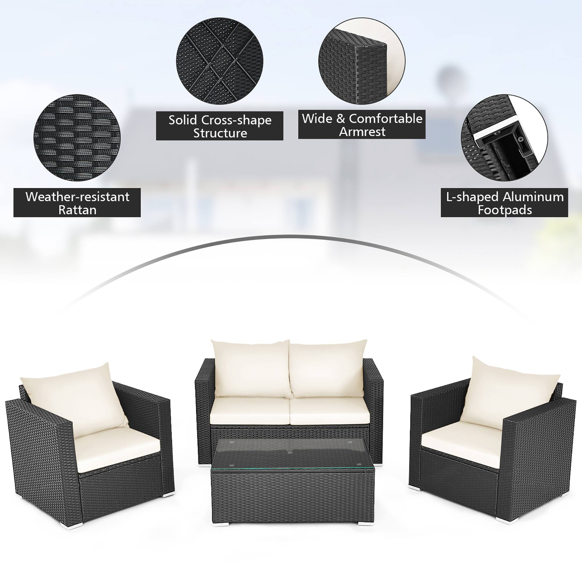 - Weather-resistant Rattan
- Solid Cross-shape Structure
- Wide & Comfortable Armrest
- L-shaped Aluminum Footpads