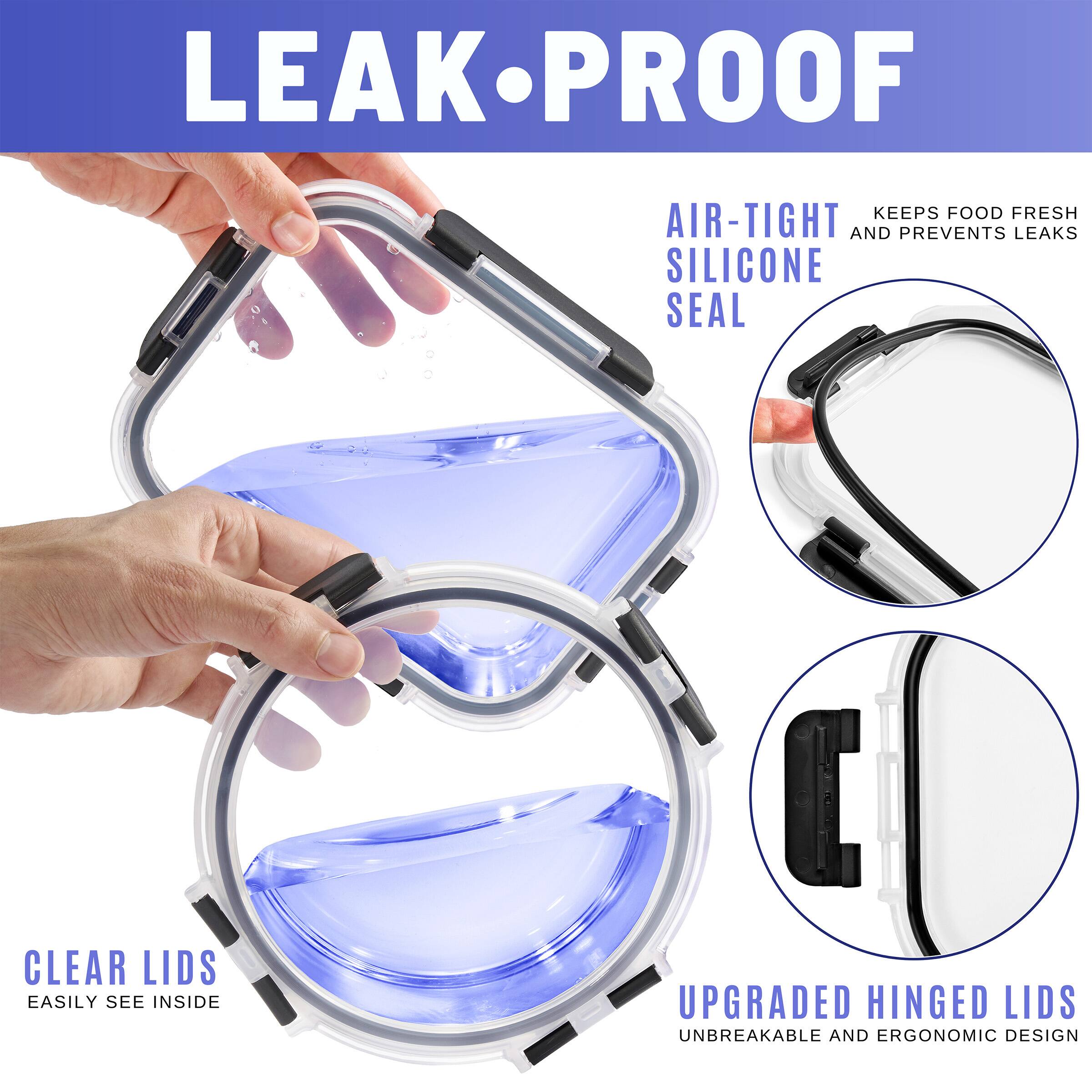 LEAK-PROOF

- AIR-TIGHT SILICONE SEAL
  - KEEPS FOOD FRESH AND PREVENTS LEAKS

- CLEAR LIDS
  - EASILY SEE INSIDE

- UPGRADED HINGED LIDS
  - UNBREAKABLE AND ERGONOMIC DESIGN