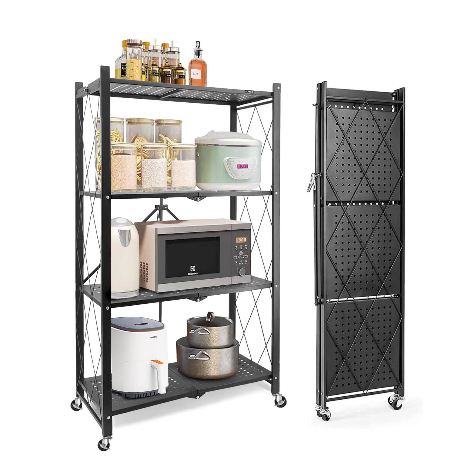 Sugift - 4-Tier Foldable Storage Shelves, Metal Storage Rack with Wheels - Black