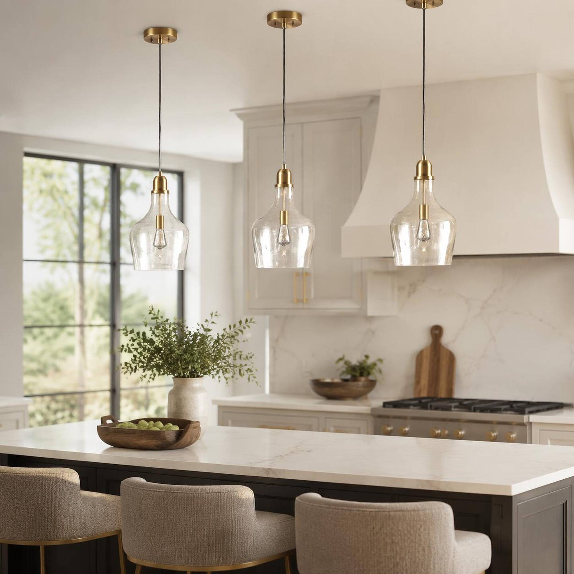 Back. RYHNUYNE - Industrial Bottle-Shaped Clear Glass Pendant Light, =Gold Hanging Ceiling Light for Kitchen Island Dining Room - gold.
