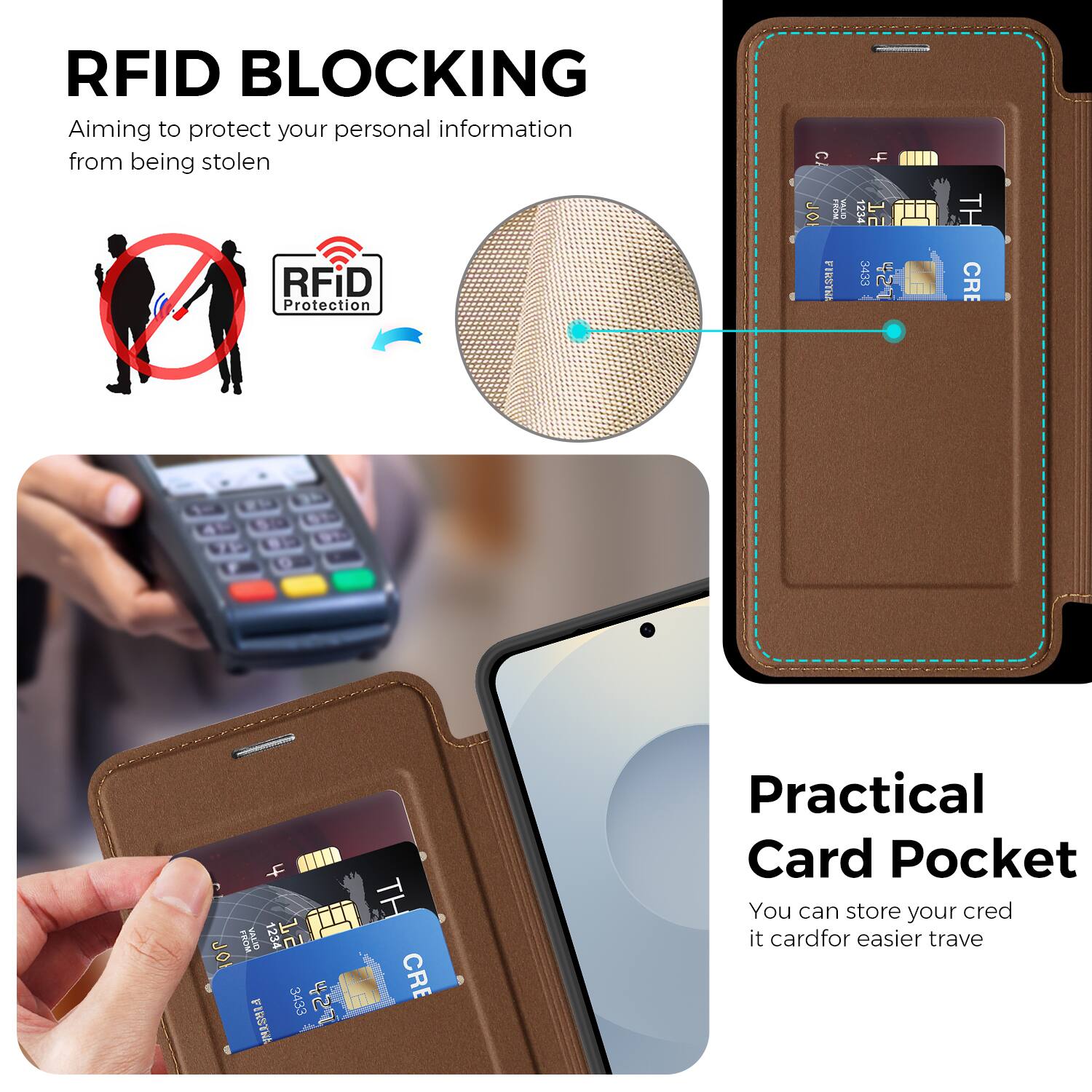 RFID BLOCKING  
Aiming to protect your personal information from being stolen  

RFiD Protection  

Practical Card Pocket  
You can store your credit card for easier travel