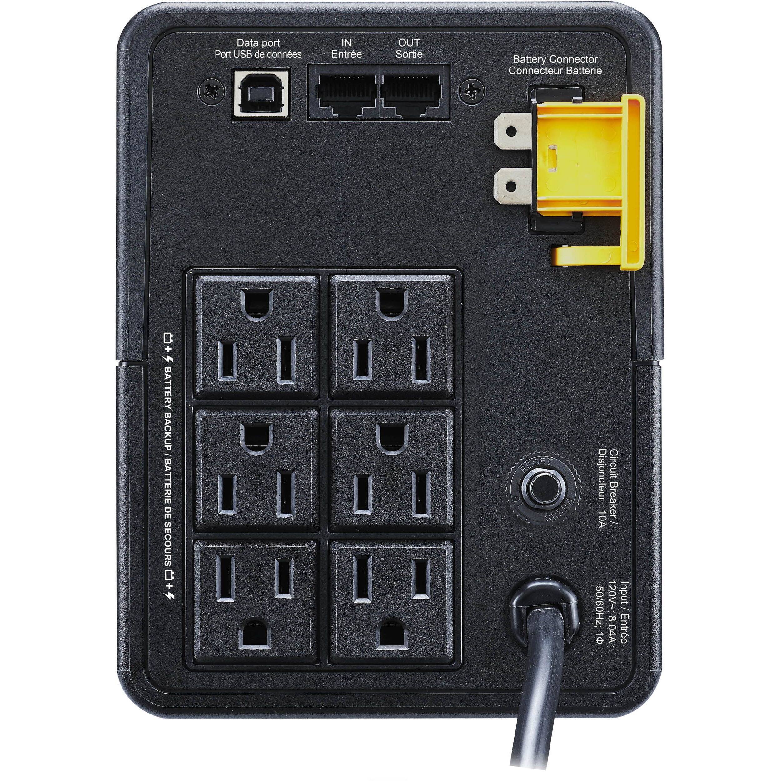 - Data port
  - Port USB de données
  - IN
  - Entrée
  - OUT
  - Sortie

- Battery Connector
  - Connecteur Batterie

- BATTERY BACKUP
  - BATTERIE DE SECOURS

- Circuit Breaker
  - Disjoncteur
  - 10A

- Input
  - Entrée
  - 120V- 50/60Hz
  - 8.04A