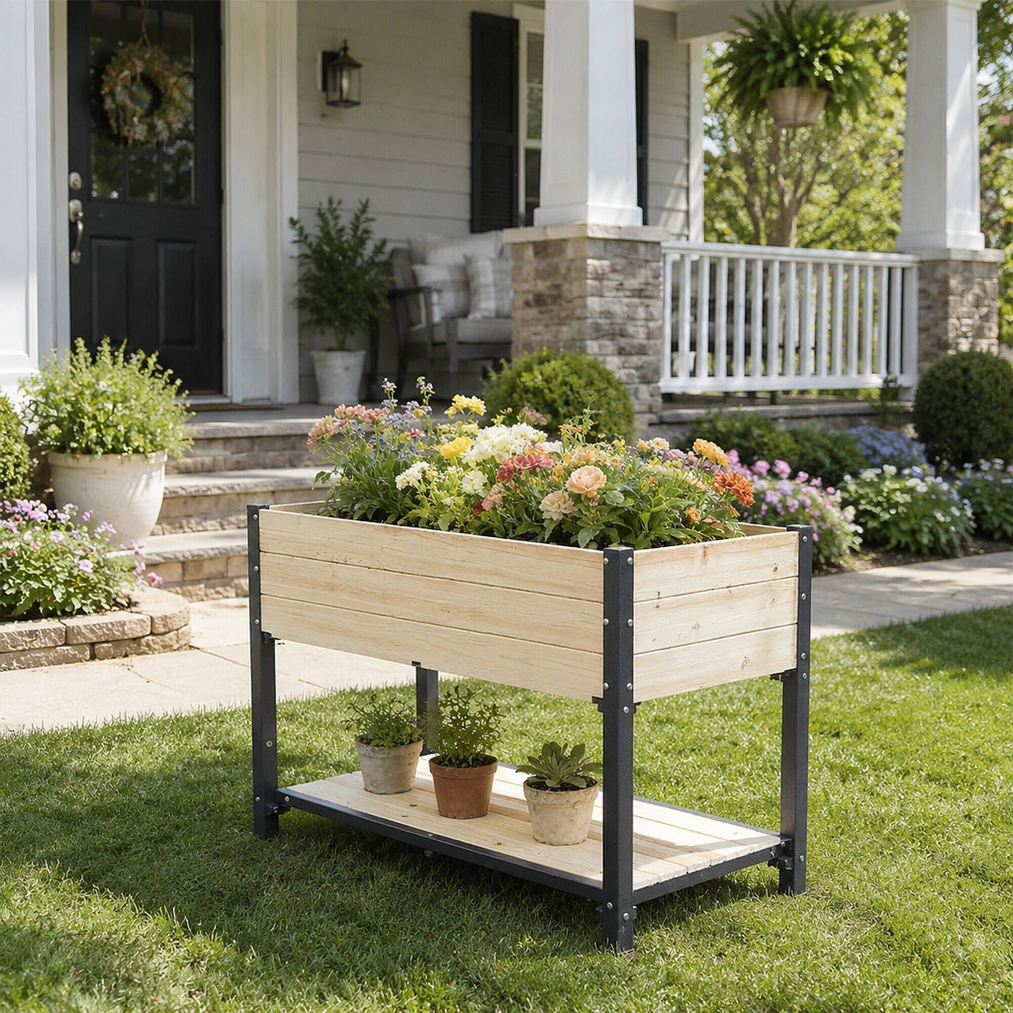 Alt View 1. RYHNUYNE - Solid Wood and Iron Raised Garden Bed with Reversible Panels, No Paint or Formaldehyde, DIY Planter for Vegetables - Natural.
