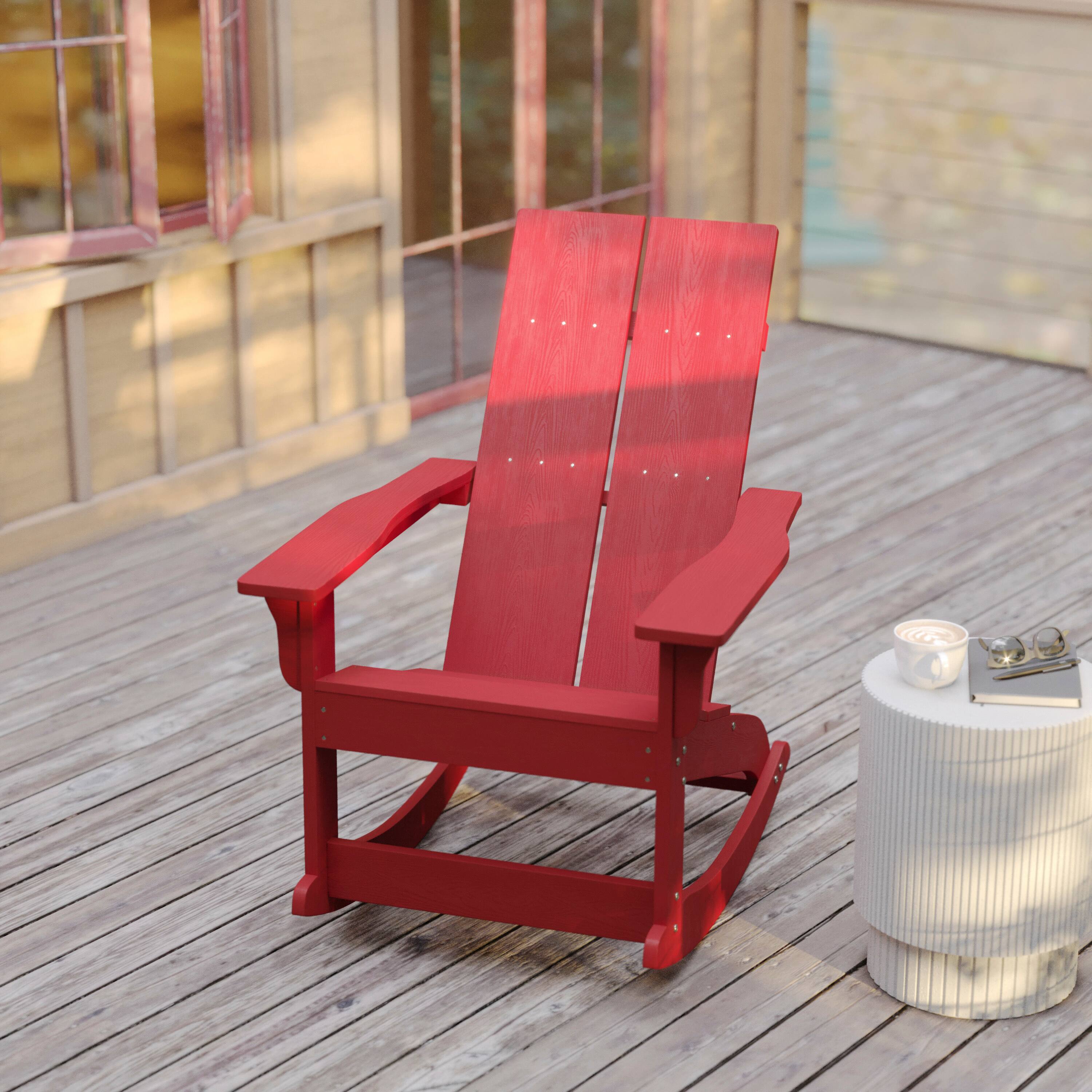 Alt View 3. Flash Furniture - Finn Modern Commercial Poly Resin Wood Adirondack Rocking Chair - All Weather Red Polystyrene - Dual Slat Back - Stainle - Red.
