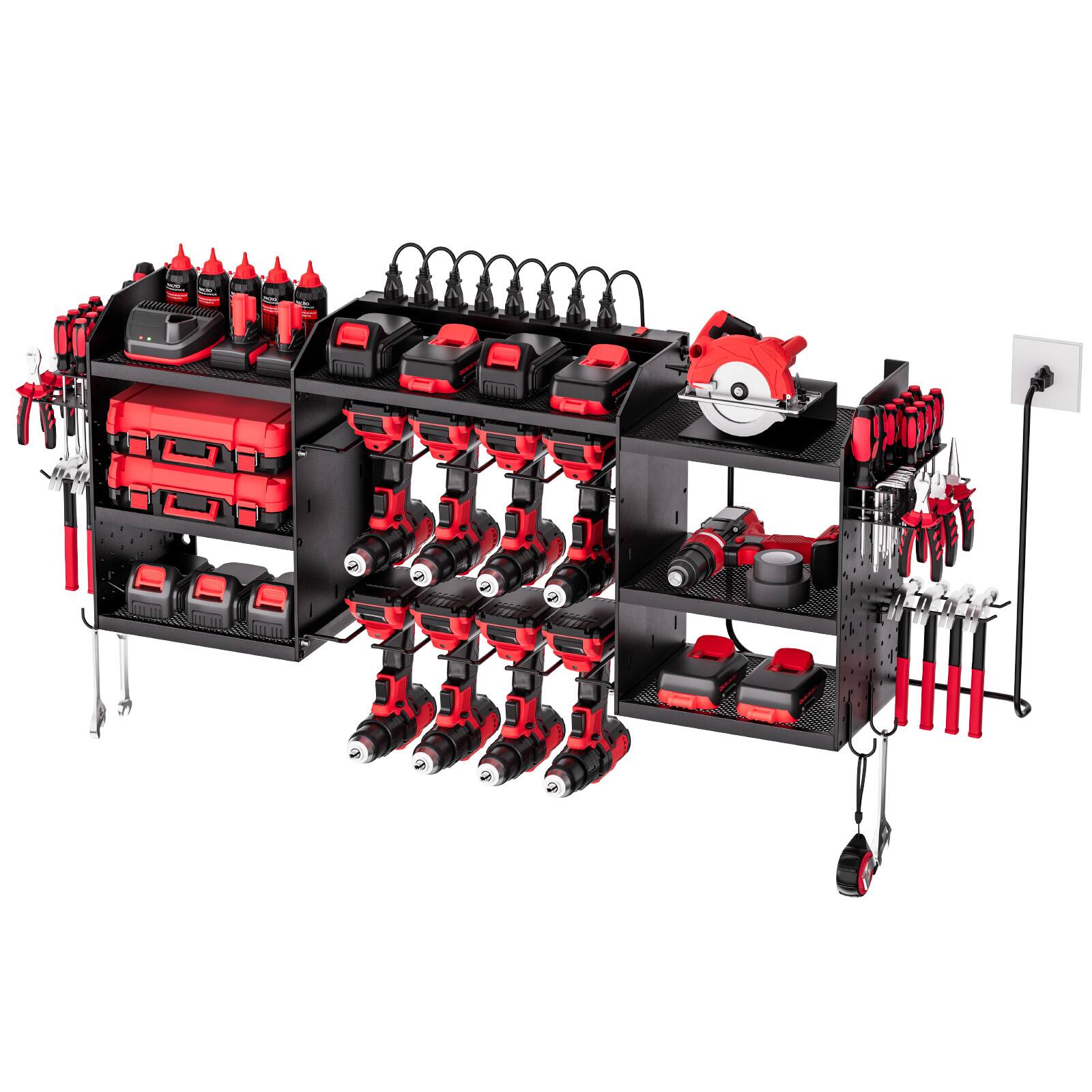 Front. VEVOR - Power Tool Organizer with Charging Station, 3-Layer Power Tool Battery Storage Rack with 5.58 ft Power Strip - Black.