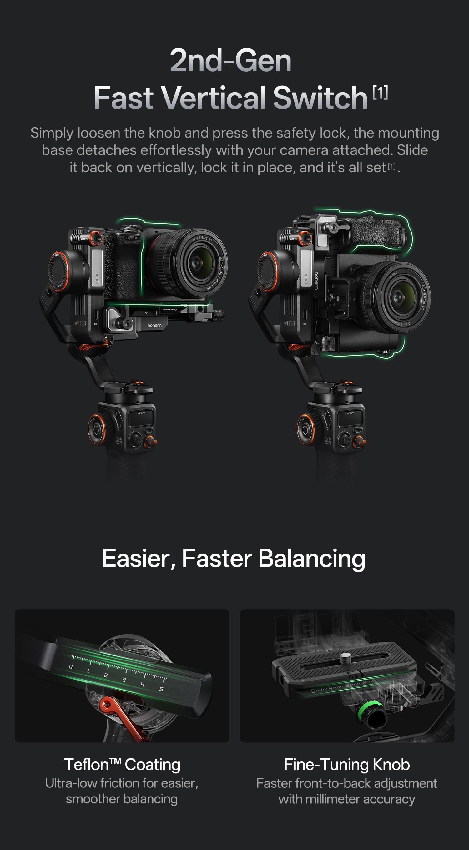 2nd-Gen Fast Vertical Switch [1]  
Simply loosen the knob and press the safety lock, the mounting base detaches effortlessly with your camera attached. Slide it back on vertically, lock it in place, and it's all set!  

Easier, Faster Balancing  

Teflon™ Coating  
Ultra-low friction for easier, smoother balancing  

Fine-Tuning Knob  
Faster front-to-back adjustment with millimeter accuracy