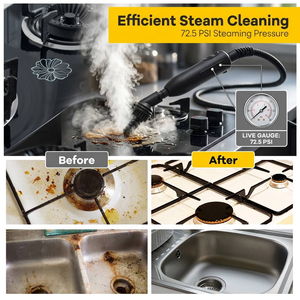 Efficient Steam Cleaning  
72.5 PSI Steaming Pressure  

LIVE GAUGE: 72.5 PSI  

Before  
After