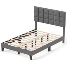 Front. Costway - Full Size Bed Frame Modern Linen Fabric Upholstered Platform Bed with Headboard - Gray.