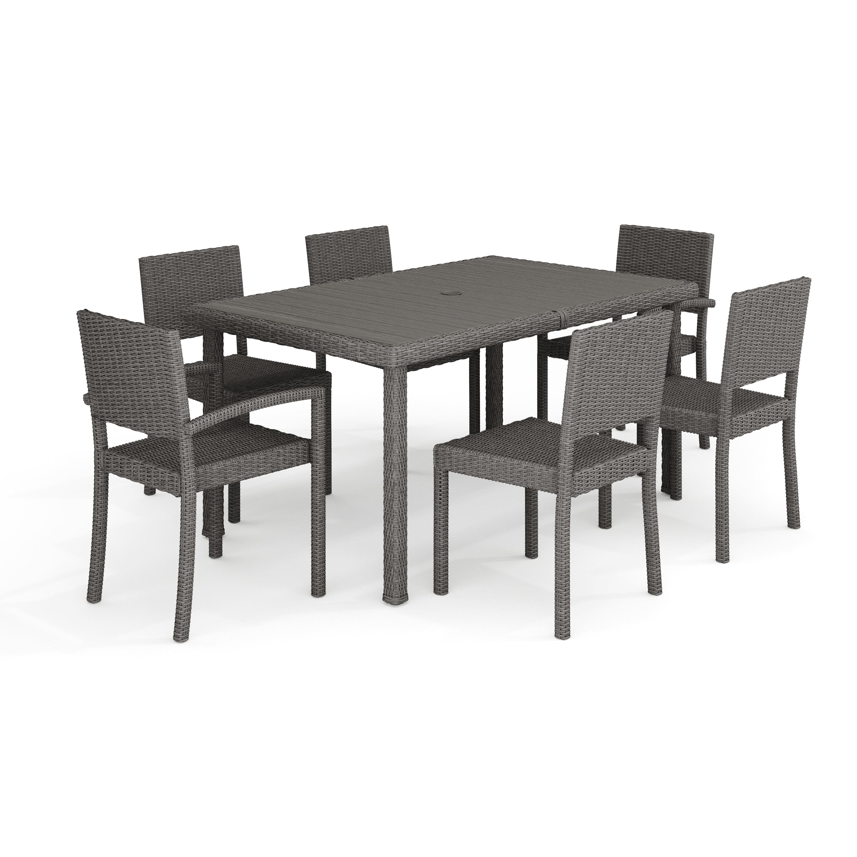 Martha Stewart - Bedford 7pc Outdoor Rattan Wicker Patio Dining Set with 6 Stack Chairs and 62" Table - Gray