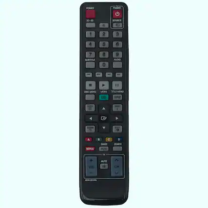 POWER
2D-3D
1 2 3 4 5 6 7 8 9 0
SOURCE
AUDIO
SUBTITLE
MENU
TITLE MENU
POPUP
TOOLS
INFO
RETURN
EXIT
A B C D
SMART SEARCH
NETFLIX
HUB
TV
MUTE
VOL
CH
AK59-0122A