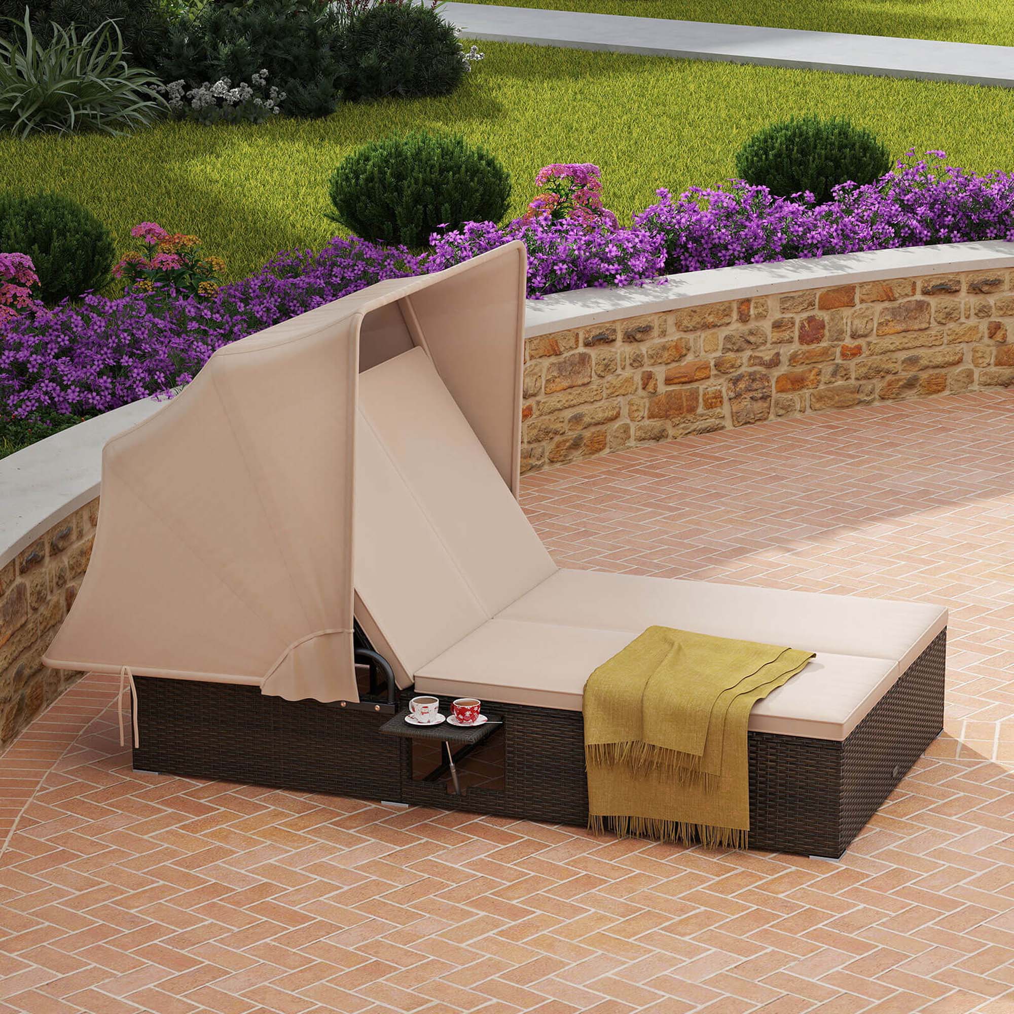 Alt View 4. Costway - Costway 2-person Rattan Lounge Bed with Retractable Canopy 5-position Adjustable Backrest - Beige.
