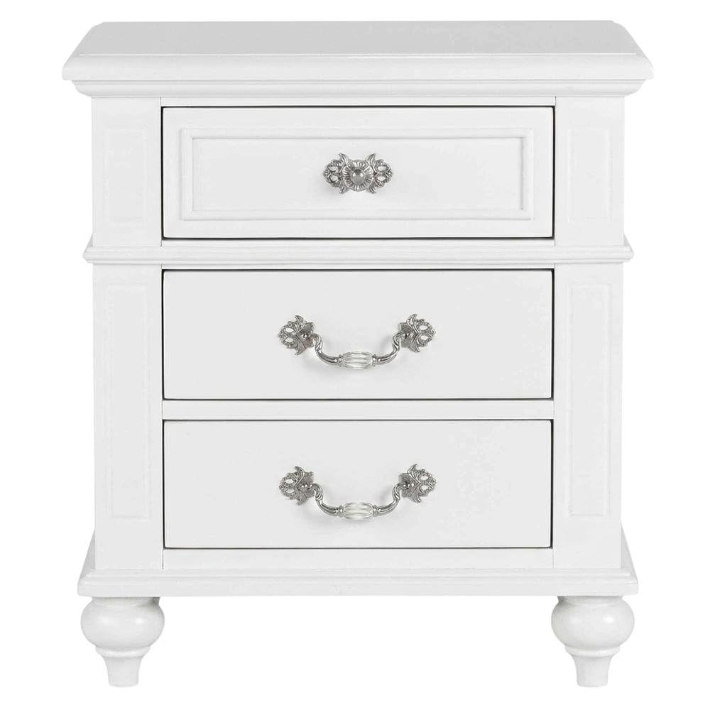 Back. FurniFact - Elegant White Nightstand with Three Drawers for Bedroom Storage - White.