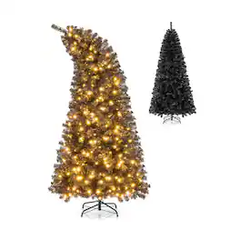 WELLFOR - 7ft Pre‑lit Hinged Artificial Christmas Tree with 1050 Branch Tips &340 LED Lights for Home Halloween Xmas Party - Black